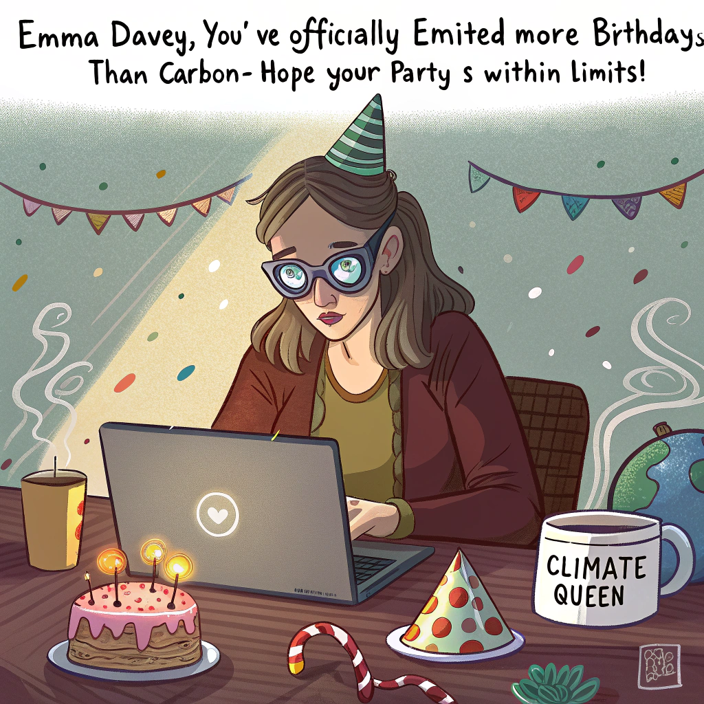 At the top of the image, "Emma Davey, you’ve officially emitted more birthdays than carbon—hope your party’s within limits!"

- The image features a realistic photo of a woman in her 30s, wearing quirky oversized glasses, sitting intensely focused in front of a glowing laptop.  
- Her desk is cluttered with birthday cake crumbs, colourful party hats, a reusable water bottle, and an over-the-top “Climate Queen” mug.  
- On the screen, a highly detailed spreadsheet labeled "GHG Emissions vs. Cake Intake – Birthday Model" is open.  
- A slice of birthday cake is precariously balanced atop a stack of climate policy papers.  
- Balloons in the background spell out “Net Zero By Cake O’Clock!”  
- A cheeky black cat snoozes nearby, wrapped in a string of solar-powered fairy lights.
Generated with these themes: A woman with glasses using a spreadsheet to calculate greenhouse gas emissions .
Made with ❤️ by AI.