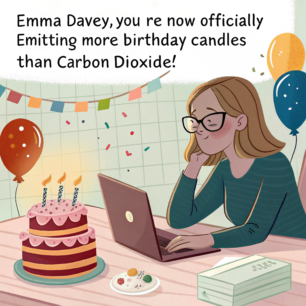 At the top of the image, "Emma Davey, you’re now officially emitting more birthday candles than carbon dioxide!"

– Depict a realistic photograph of a woman with quirky glasses, seated at a cluttered desk lit only by a glaring laptop screen. She’s deep in concentration, poking her calculator with a furrowed brow, surrounded by colourful birthday balloons and a half-eaten slice of cake perched on a stack of climate change reports. The spreadsheet on her screen is labelled “Greenhouse Gas Emissions – Birthday Edition.” Behind her, a poster reads: “Party Efficiently – Offset the Cake.” The overall vibe is smart, funny, and oddly intense—perfect for eco-conscious humour.
Generated with these themes: A woman with glasses using a spreadsheet to calculate greenhouse gas emissions .
Made with ❤️ by AI.