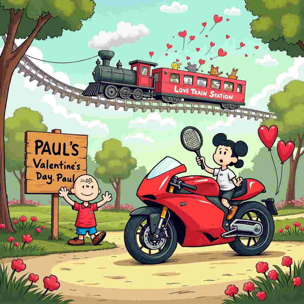 In a whimsical Valentine's Day scene, imagine a vibrant, bustling park setting where the elements of Ducati, a squash racket, and an electric train intertwine in an unexpected yet delightful harmony. At the heart of the scene, a charismatic cartoon character styled after a playful cross between Charlie Brown and Calvin mischievously grips a squash racket as if about to serve a love-filled volley. Nearby, a sleek, cherry-red Ducati, reminiscent of a Disney-esque dream machine, is parked beside a quaint, hand-painted wooden sign that reads "Paul's Love Train Station" in bold, curly letters. The Ducati's glossy surface reflects the soft afternoon sunlight, adding a touch of sparkle. 

In the sky above, an old-fashioned electric train zooms across a looping track suspended by fluffy clouds, its windows brimming with tiny, cartoonish animals exchanging valentines. The train itself is decorated with heart-shaped motifs and a large banner streaming behind that reads "Happy Valentine's Day, Paul!" in bright, cheerful letters, flanked by doodles of hearts and arrows. In the foreground, the landscape is dotted with blooming flowers and heart-shaped balloons tethered to benches, with small groups of characters, inspired by the spirit of Winsor McCay's Little Nemo, animatedly interacting with their surroundings, creating a scene bustling with activity and charm. This playful tableau blends the dynamic energy of Bill Watterson's worlds with the quirky detail of Gary Larson's art, crafting a lively and memorable Valentine's Day card for Paul.
Generated with these themes: Ducati , Squash Racket, and Delectric Train.
Made with ❤️ by AI.