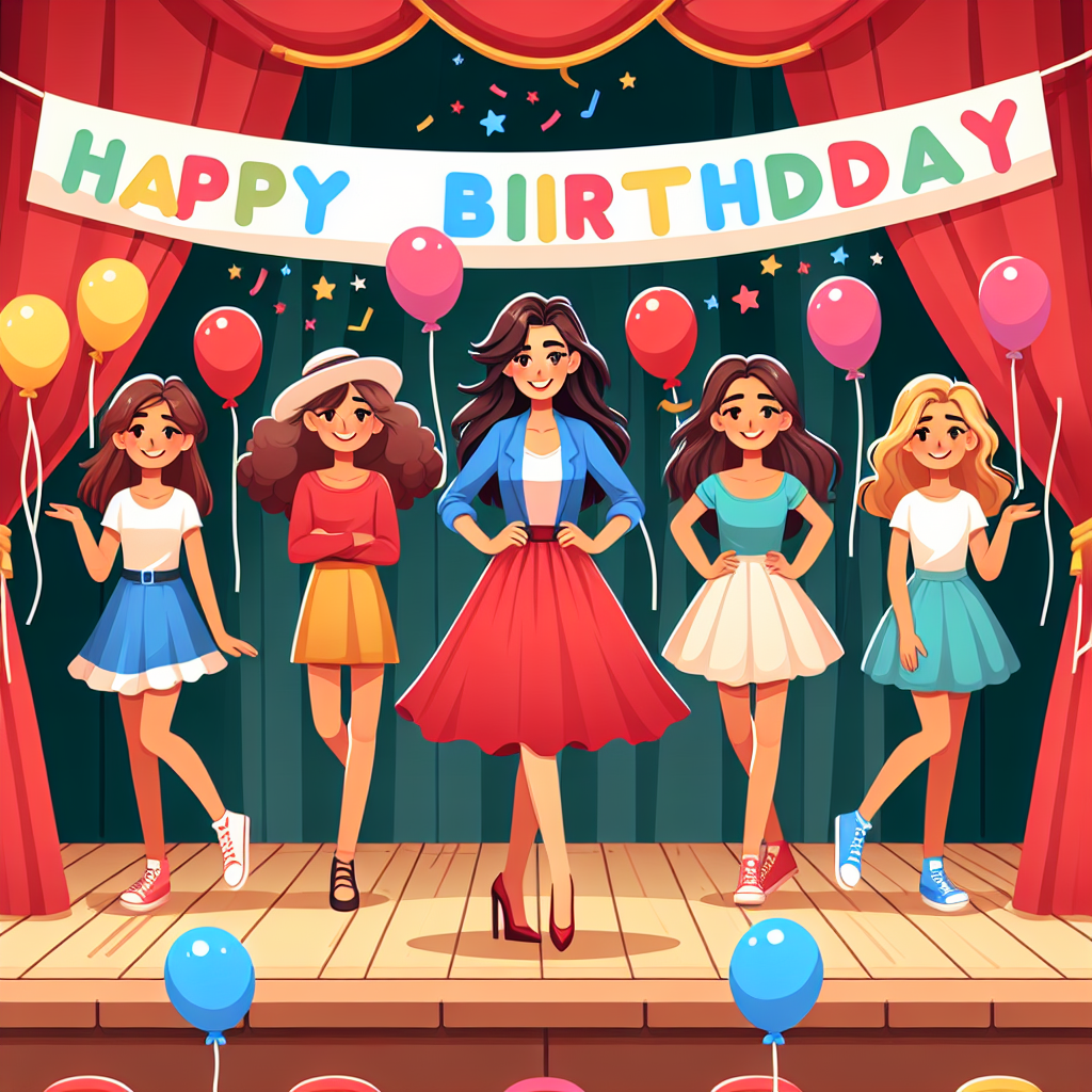 Drawing of a vibrant birthday party set on a theatre stage, where the birthday person is performing with their three daughters, surrounded by red Labour Party balloons and banners.
Generated with these interests: Performing in the theatre, The labour party, and Three daughters.
Made with ❤️ by AI.