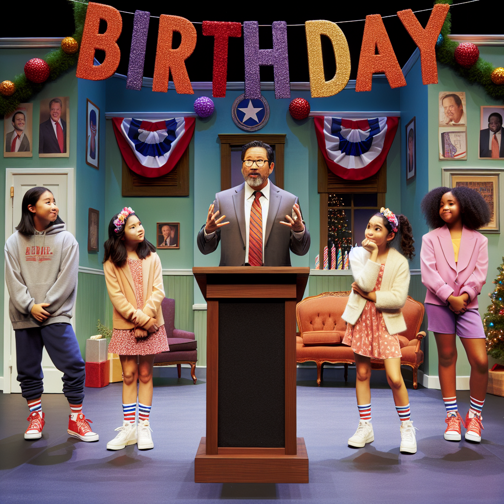 Photo concept of a unique birthday moment where the celebrant and their three daughters are enacting a play on a home theatre stage, dressed up like Labour Party figures, with a festive birthday banner hanging above.
Generated with these interests: Performing in the theatre, The labour party, and Three daughters.
Made with ❤️ by AI.