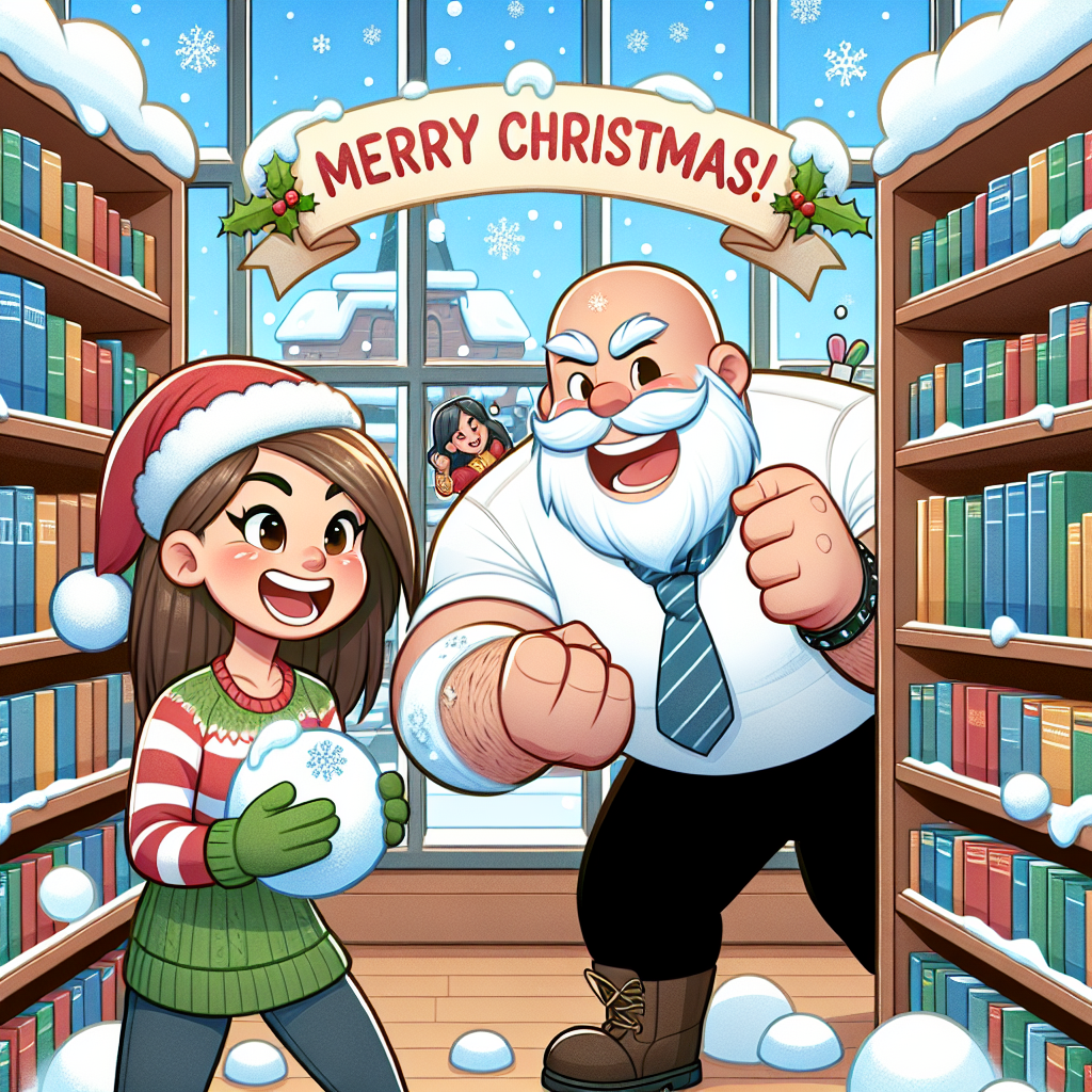35-year-old hispanic woman with brown hair and blond streaks in it...large white man bald...in a library Christmas Card