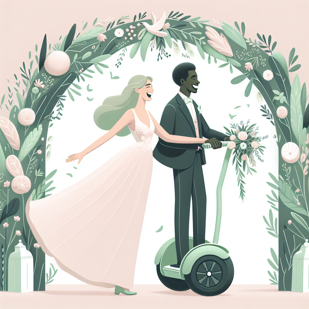 Create an illustration with a wedding theme. The scene involves a jubilant Caucasian female and a Black male, standing on a sage green Segway together, full of joy and laughter. They traverse along a path lined with intricate floral arrangements that add elegance to the whimsical atmosphere of their extraordinary day. Use soft pastel shades to illuminate the setting, allowing the sage green Segway to prominently stand out as an intriguing and charming detail of their unique love tale.
Generated with these themes: Segway , and Sage green.
Made with ❤️ by AI.