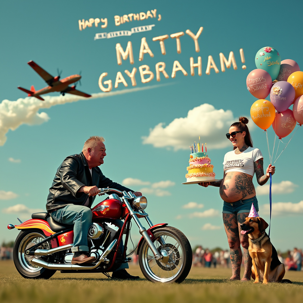 The scene takes place in a vibrant and quirky birthday bash set in an open field under a clear blue sky. Dominating the center is a flamboyant custom motorbike, complete with flame decals and gleaming chrome, parked on a patch of neatly cut grass. 

To the right of the motorbike, a German Shepherd wearing a tiny party hat is enthusiastically wagging its tail, its leash tied to the motorbike's handlebar. Nearby, a short man with a comically large nose, dressed in a leather jacket, is busy inflating balloons that have "Happy Birthday, Matty Gaybraham!" written on them. His jacket sleeves are rolled up, revealing tattooed arms that depict quirky scenes of motorbikes and cartoonish faces. 

Next to him, a heavily tattooed pregnant woman with a radiant smile stands holding a colorful birthday cake. The cake is extravagantly decorated with intricate icing flowers and a big, bold text that reads "Matty Gaybraham." She’s wearing a shirt that says, "Mom-To-Be" with an arrow pointing to her belly, adorned with temporary tattoos of baby items. 

In the background, a skywriter plane is spelling out "Happy Birthday Matty Gaybraham!" in fluffy white clouds against the clear blue sky. Beneath the skywriting, you can see a few other party guests who are also uniquely and comically styled—some with exaggerated facial features and amusing tattoos, making the whole scene full of character and humor.

All these elements come together to create a bustling, lively, and hilarious birthday scene that celebrates Matty Gaybraham in the quirkiest of ways.
Generated with these themes: Motorbikes, Big nose, German shepherd, Tattoos, Pregnant wife, Short man, and Ugly.
Made with ❤️ by AI.