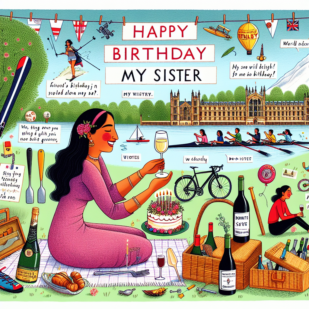 A delightful birthday-themed illustration reveals a South Asian woman, dubbed 'My Sister', relishing a picnic spread complete with fine wine, while in the backdrop is the Henley Rowing Regatta. Encapsulating her diverse interests are representations of a ski slope teeming with people, a bicycle leaning against a tree, and a world map adorned with pins marking various destinations. A fringe of do-it-yourself tools and travel symbols circles the scene, paying tribute to her adventurous soul.
Generated with these themes: Fine wine, Skiing, DIY, My Sister, Travelling, Henley Rowing Regatta, Picnics, and Cycling.
Made with ❤️ by AI.