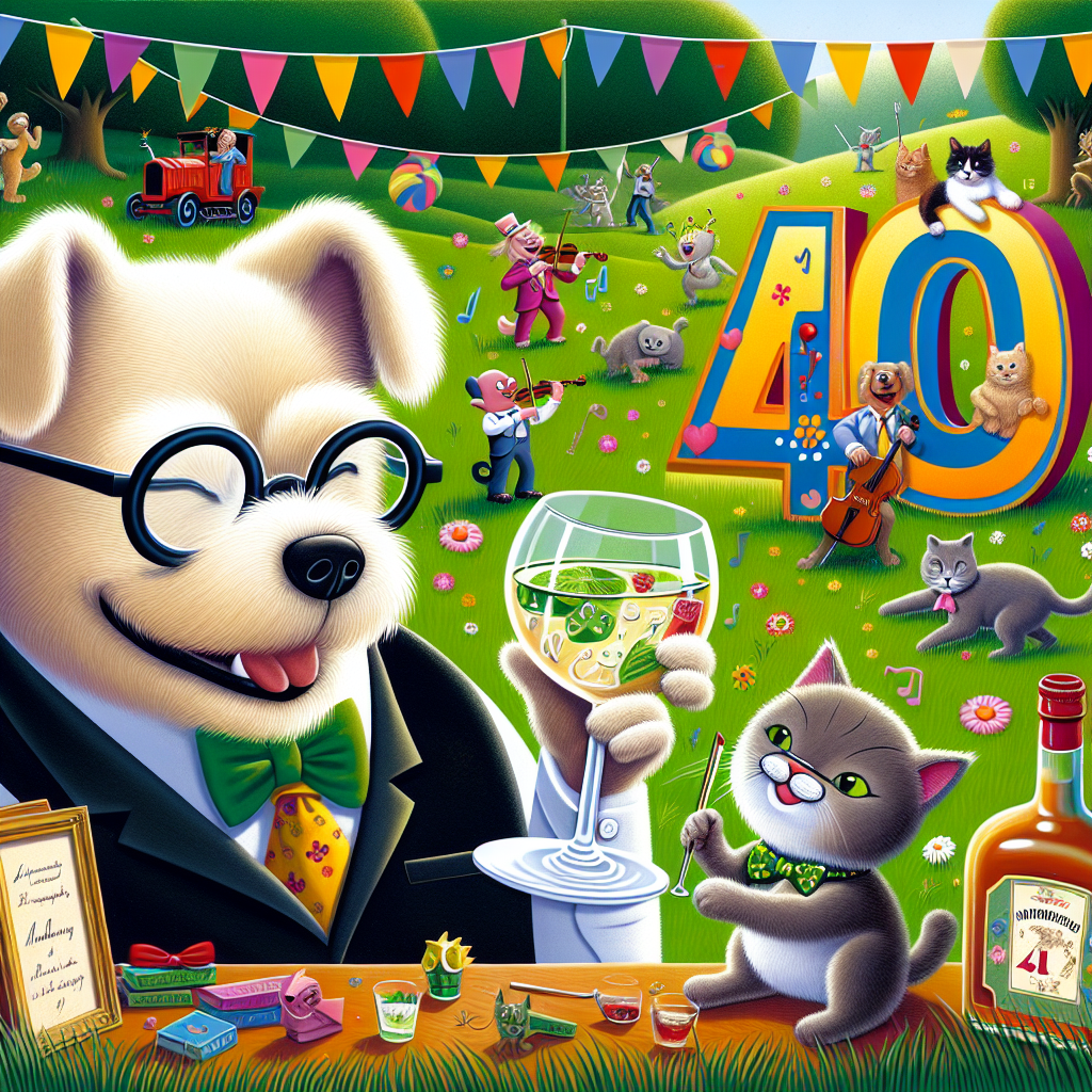 Visualize a lively cartoon setting of a lush green meadow seeping with vibrant colors. In the center, we find an anthropomorphic dog serving as the principal of a school, donning round reading glasses and a formal vest. Adjacent to the dog, a cat is savoring a minute measure of gin from a petite glass, adorned with an adorable bow. Melodic, celebratory music blankets the area, coursed through the sceneries by a cricket playing a tribute song on a minuscule violin. The background comes alive with fun-filled illustrations of cats, dogs, and the digit '40', all interspersed within the playful green grass of this whimsical scene. The atmosphere hints at a 40th anniversary celebration.
Generated with these themes: Grass, Cricket , Head teacher , Gin , Cats and dogs , and 40th anniversary.
Made with ❤️ by AI.
