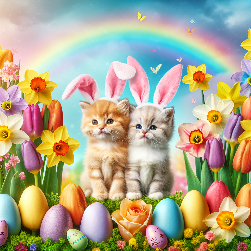 Create a captivating Easter scene where playful kittens are adorned with charming bunny ears, happily prancing among a vibrant bed of tulips and daffodils. These flowers, bursting with a variety of colors, serve as the perfect foreground for this holiday scenario. In the background, a pastel-colored rainbow spans the breadth of the sky, acting as a poignant symbol of hope and sheer seasonal joy.
Generated with these themes: Cats, Flowers , and Rainbow .
Made with ❤️ by AI.