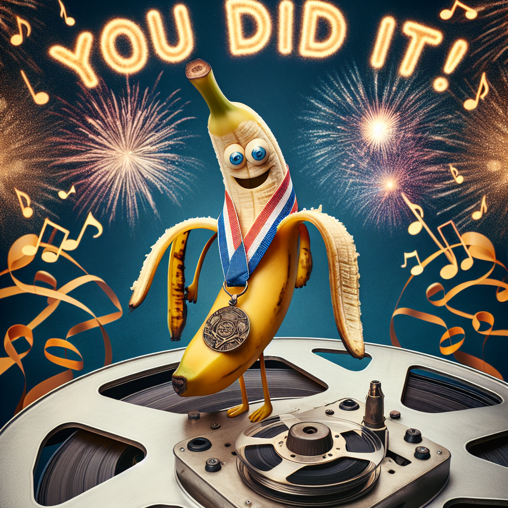 Create an image that captures a comedic scene where a mischievous banana is triumphantly posing with a medal wrapped around its peel. It stands atop a reel-to-reel tape, which is artistically unfurled into the configuration of a trophy. The backdrop is adorned with dazzling fireworks and the caption 'You Did It!' is announced in prominent, imaginative letters atop everything. The image relays a feeling of dynamism as musical symbols swirl around the tape reels, hinting at an energetic celebration in acknowledgment of a grand achievement.
Generated with these themes: Banana, and Reel-to-reel tape.
Made with ❤️ by AI.