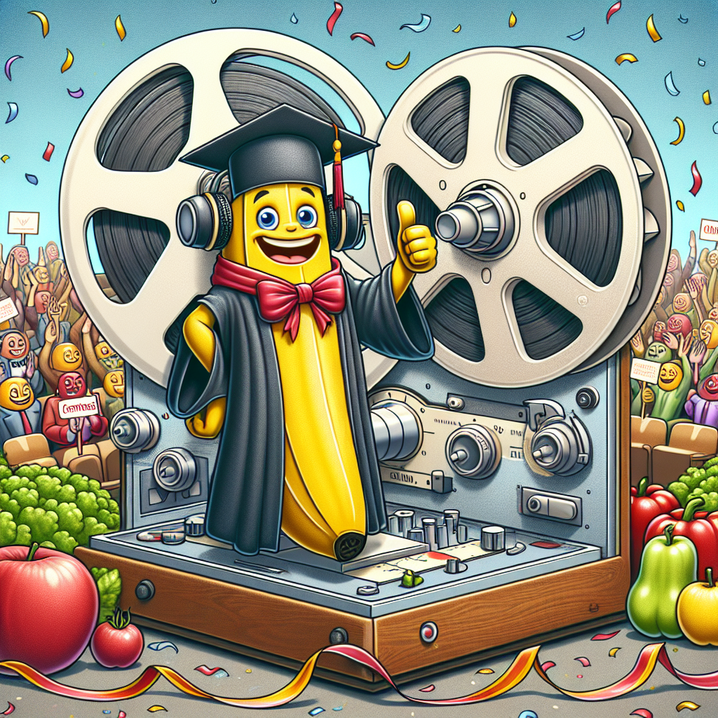 A humorous depiction of a cheerful banana character donned in a graduation attire with a cap and robe, displaying a thumbs-up as it stands confidently atop a colossal, antique reel-to-reel tape recorder. The tape reels rotate, adorned with vibrant streamers. Meanwhile, an audience of different fruits and vegetables such as apples, tomatoes, and bell peppers applaud from the background, hoisting placards with messages like 'Congrats!' and 'Well Done!'. A shower of confetti enhances the festive ambiance surrounding the accomplishment.
Generated with these themes: Banana, and Reel-to-reel tape.
Made with ❤️ by AI.