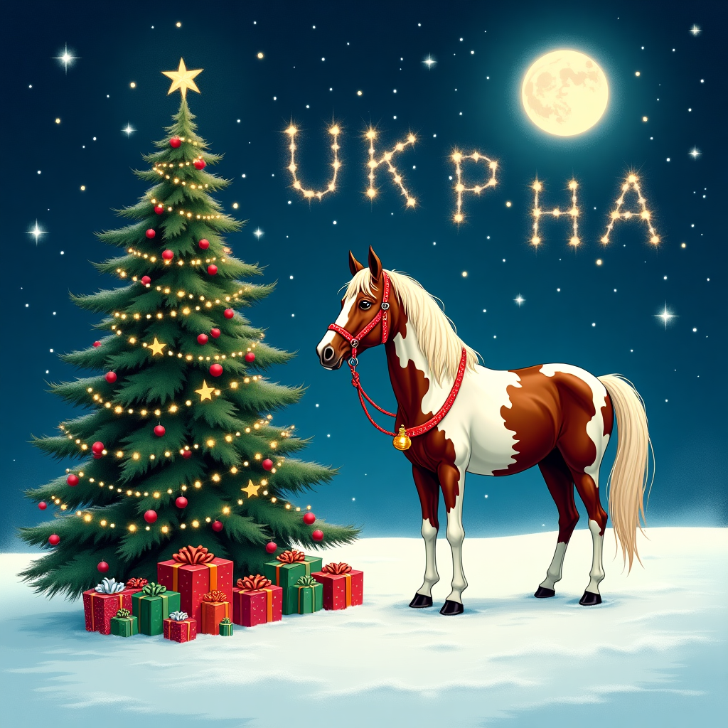 In a snow-blanketed clearing under a vast, starry sky, an American Paint Horse stands with majestic grace beside a towering Christmas tree. The horse, its coat a striking patchwork of chestnut and white, is adorned with a festive red harness decorated with tiny golden bells that glint softly in the moonlight. Nearby, a cluster of gifts wrapped in vibrant hues of emerald green, ruby red, and shimmering silver are piled beneath the tree's boughs, their ribbons curling whimsically. The tree itself is an enchanting spectacle, festooned with twinkling lights and ornaments that gleam like jewels amidst the dark evergreen branches. Above, the full moon casts a silvery glow across the scene, its light so bright it seems to etch the name "UKPHA" in a gentle, whimsical script formed by a line of twinkling stars that stretch across the midnight sky. This celestial signature, as if written by the hand of the universe itself, bestows a magical touch to the tranquil Christmas tableau. In the foreground, a delicate layer of snowflakes drifts down, each one unique, adding a serene stillness to the scene while enhancing the storybook charm inspired by the likes of Schulz, Watterson, and McCay.
Generated with these themes: American paint horse , Christmas tree, gifts , moon .
Made with ❤️ by AI.