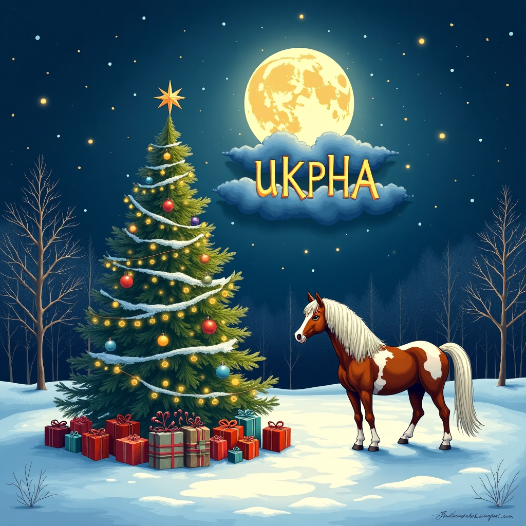 In this solemn yet enchanting Christmas card scene, imagine a snow-draped clearing in a serene winter forest, softly lit by a large, luminous moon casting an ethereal glow. An American Paint Horse, with its distinctive splashes of chestnut and white, stands gracefully at the edge of the clearing, its mane gently rustling in the night breeze. At the center of this picturesque setting is a magnificently decorated Christmas tree, towering with grandeur. Its branches are adorned with twinkling lights that mirror the starry sky above, and ornaments that glitter with hues of gold and silver. Beneath the tree, a variety of beautifully wrapped gifts in vibrant reds, greens, and blues are nestled, their ribbons elegantly curled and inviting. The snow around the base of the tree forms a soft, glistening carpet.

Above this idyllic scene, the sky is a deep indigo, speckled with stars. The moon, full and bright, is cradled by soft wisps of clouds that spell out "UKPHA" in an artistic, whimsical script, seemingly crafted by a celestial hand. The letters are subtly illuminated, giving them a gentle, magical glow against the night sky. This creative touch gives the recipient a personalized message from the heavens themselves. The entire scene is bordered with gentle, curling snowflakes that frame the card, reminiscent of Charles Schulz's simple yet profound lines and Bill Watterson's playful yet thoughtful compositions. The scene captures a moment of quiet reflection amidst the festive cheer, inviting the viewer to pause and appreciate the beauty of nature, companionship, and the personalized touch of the holiday spirit.
Generated with these themes: American paint horse , Christmas tree, gifts , moon .
Made with ❤️ by AI.