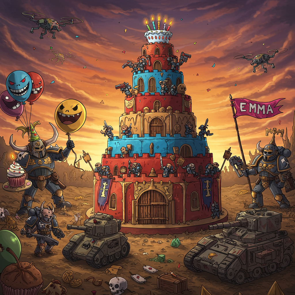 Front and center, picture an oversized cartoon-style cake that looks like it's been crafted in a Warhammer universe. The cake, made to look like a miniature fortress, towers with exaggerated tiers, each one featuring intricate battlements, tiny warrior figures, and vividly painted banners. The frosting is a bold mix of electric blue and bright red, with accents of shimmering gold, mimicking the iconic Warhammer colors.

Perched at the top of this fortress-cake is a humorous depiction of a character with exaggerated features, resembling a cross between a Warhammer Space Marine and a party-goer, complete with a comically oversized helmet adorned with a birthday hat. This character is holding a tiny, cartoonishly large candle that is far too big for the cake, creating a playful contrast.

Surrounding the cake, add several cartoonishly exaggerated characters engaged in a whimsical mock-battle using party supplies as their weapons. Picture a miniature party tank rolling through frosting hills, its turret launching streams of confetti instead of artillery shells.

In the background, integrate a sky that swirls with shades of orange and purple, reminiscent of a dramatic sunset, but speckled with tiny cartoonish drones flying around with banners. One of these banners, in a bold comic font, reads "EMMA" in a striking magenta color, flapping humorously as if it's about to take off in flight.

To the left, sketch a cartoonish, oversized figure resembling a Chaos Lord but humorously balancing a cupcake in one hand and a balloon shaped like a skull in the other. This adds a playful contrast, bringing lightheartedness to the typically grim Warhammer aesthetic.

The ground is a patchwork of colorful party decorations and battle-themed elements—giant dice, oversized birthday presents camouflaged as military crates, and scattered cartoon balloons with exaggerated faces that grin mischievously.

Let the entire scene be rendered in a style that combines the clear lines of Hergé with the playful exaggeration of Bill Watterson, ensuring the elements remain crisp, vibrant, and filled with quirky, humorous details that invite viewers to explore every corner of this lively birthday scene.
Generated with these themes: Warhammer.
Made with ❤️ by AI.