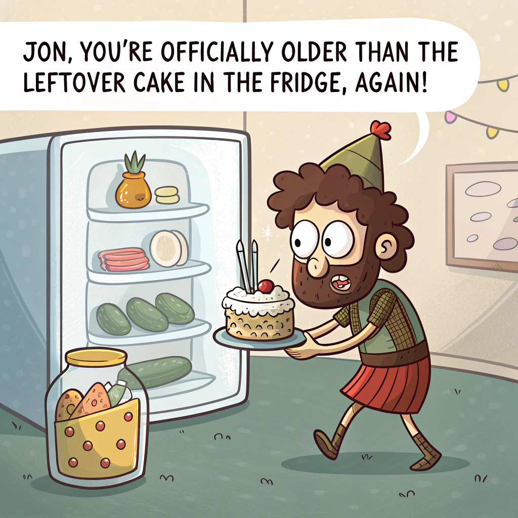 At the top of the image, "Jon, you're officially older than the leftover cake in the fridge—again!"

- In the center of the image, illustrate a cheeky cartoon scene of a birthday cake inside a fridge looking horrified as Jon opens the door, wearing a party hat and wielding a fork like a birthday gladiator.  
- The fridge is comically overstocked with odd party leftovers—like a balloon tied to a jar of pickles and a party horn stuck into a wheel of cheese.  
- Add some googly eyes to a tub of hummus in the background for extra hilarity.  
- The vibe should be playful and bright, with confetti floating in the air and streamers draped from the fridge shelves.
Generated with these themes: Birthday Fun.
Made with ❤️ by AI.