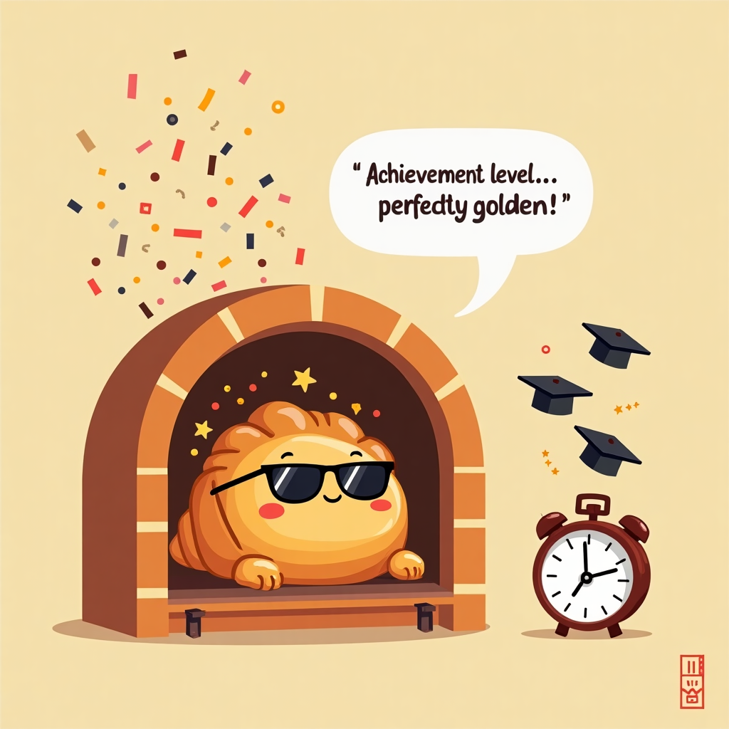 At the top of the vector image, "Chloe & Adam, You're On a ROLL—Well-Done!"

Vector image prompt:  
A cute, slightly smug croissant with sunglasses is lounging inside a cartoon-style oven that’s glowing warm and toasty. The oven has celebratory confetti popping out of it, and a speech bubble from the croissant says, “Achievement level: perfectly golden!” Nearby, an egg timer cheers and throws tiny graduation caps into the air. The entire scene is styled in bold, clean vector art with warm browns and oranges to highlight the ‘freshly baked success’ theme.
Generated with these themes: A croissant in an oven .
Made with ❤️ by AI.
