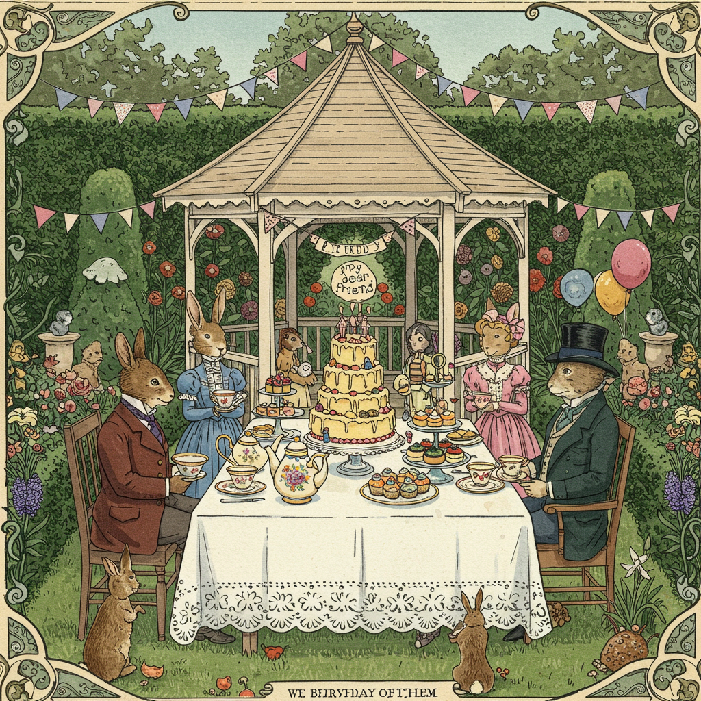 The front cover of this birthday greeting card is a delightful fusion of British Victorian elegance and whimsical garden celebration. In the center, a sprawling Victorian garden scene unfolds with elaborate detailing reminiscent of Beatrix Potter and Arthur Rackham. 

Imagine an ornate Victorian garden, lush with a tapestry of emerald green hedges meticulously trimmed into fanciful shapes of rabbits and birds, nodding to Aubrey Beardsley’s love for intricate details. Interspersed between the topiary are flourishing beds of vibrant blooms—crimson roses, golden marigolds, and lavender hyacinths—drawn with the vivid colors akin to Maxfield Parrish's rich palette.

In the heart of this garden stands a grandiose, hand-crafted Victorian gazebo, its wooden structure painted in soft ivory with delicate lace-like carvings along the roofline. A string of pastel bunting, in faded pinks, blues, and creams, cascades from the eaves, fluttering softly. This structure houses a long table set for a grand celebration, topped with a sprawling white lace tablecloth and adorned with an array of opulent teapots, mismatched yet charmingly elegant china, and tiered cake stands brimming with delightful confections.

Dominating the center of the table is a splendid, multi-tiered birthday cake. It's an Edwardian masterpiece, iced in rich cream with cascading sugar violets and tiny figurines reminiscent of Gustave Doré’s attention to gothic charm. At the cake’s pinnacle, a charmingly crooked little banner in muted sepia reads, "My dear friend" in ornate Victorian script.

Around this feast, Edward Gorey-esque characters gather, draped in high-collared frocks and tailcoats, their expressions focused yet understated as they partake in the garden revelry. Each guest holds a vintage teacup, decorated with intricate floral patterns that nod to Quentin Blake’s playful whimsy.

Above this scene, an expansive, cerulean sky unfurls, with the warm glow of a Maxfield Parrish sunset casting golden hues over the garden. Wisps of clouds, fluffy and languid, provide a serene backdrop, while a couple of swallows dart through the air, illustrated in the delicate, flowing lines characteristic of Norman Rockwell.

This card captures a celebration of friendship and the passage of time, nestled in a garden steeped in Victorian splendor, ensuring the recipient is transported into an enchanting world with every glance.
Generated with these themes: British victorian style, Meaningful birthday message, and Garden.
Made with ❤️ by AI.