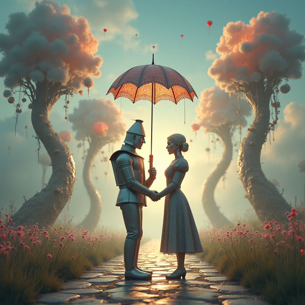 At the top of the Surreal Style image, include the text: "Happy Tenth Wedding Anniversary"

---

**Image Description:**

In a dreamlike, otherworldly landscape, the scene unfolds with a gentle, glowing mist. The Tin Man and Tin Lady from the Wizard of Oz stand lovingly in the center, their metallic bodies reflecting a fantastical blend of hues from an ethereal sky. They hold hands under an umbrella made of lace-like clouds, which gracefully melt and swirl around them.

In the background, whimsical clockwork trees with gears and cogs replace leaves, twisting and stretching in surreal directions. The ground beneath is a patchwork of melting checkerboard tiles, giving the impression that reality is softly bending around them.

Floating in the sky are heart-shaped balloons that defy gravity, with each balloon gently tethered to a thread of silver moonlight. The balloons softly glisten, casting rainbow-hued shadows over the enchanted couple.

On the ground, near the Tin Man and Tin Lady's feet, tiny, playful dandelion creatures dance, their seeds floating up to join the celestial dance. Each seed carries a glimmer of light, adding to the romantic ambiance.

In the lower corner, a small, quirky text reads: "Tin hearts of steel, love's surreal deal!"
Generated with these themes: Tin man anc lady form wizard of oz , and .
Made with ❤️ by AI.