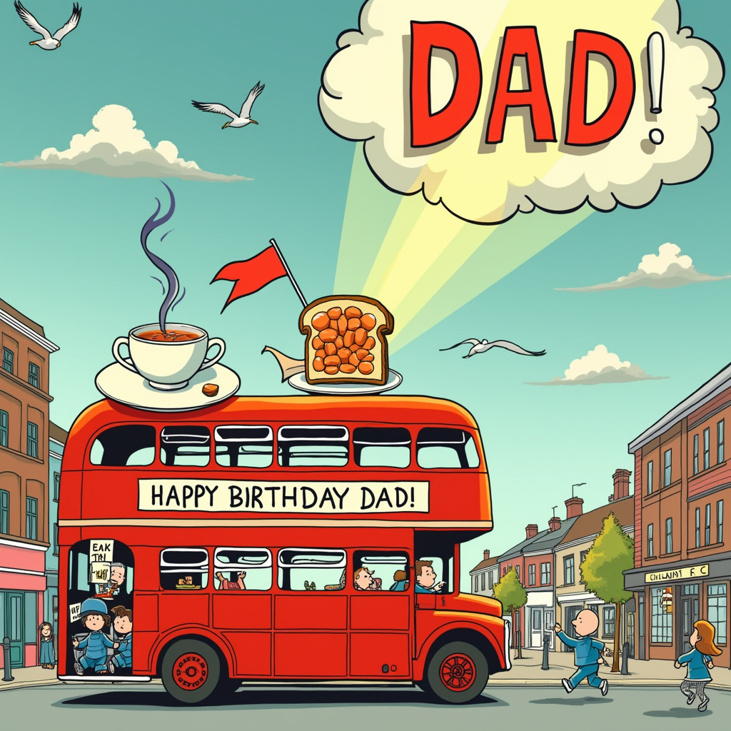 In this whimsical birthday scene, imagine a bustling, cartoonish cityscape inspired by the lively, detailed backgrounds of Hergé's Tintin, with a distinctive touch of Charles Schulz's Peanuts charm. In the center of the card, a bright red double-decker bus, reminiscent of classic British buses but with a playful twist, sports a banner on its side that reads "Happy Birthday Dad!" in big, cheerful letters. The bus is parked at a makeshift bus stop labeled "Gillingham FC Supporters Club," with a few quirky cartoon characters dressed in blue and white, the colors of Gillingham FC, enthusiastically waving flags and scarves.

On top of the bus, as if defying the laws of gravity, sits an oversized cup of tea with steam curling up into the shape of a heart, a nod to the beloved British pastime. Next to the tea cup, a slice of cartoonishly exaggerated beans on toast rests on a delicate china plate, with each bean rendered in vibrant detail, echoing the style of Winsor McCay's dreamlike Little Nemo worlds.

In the sky above, fluffy clouds part to reveal a sunbeam that illuminates the word "DAD" in bold, friendly letters, reminiscent of the playful lettering found in Calvin and Hobbes. Surrounding this celestial message, a few mischievous seagulls, akin to Gary Larson’s quirky animals, hover nearby, eyeing the beans on toast with comedic intent. This delightful tableau comes together to create a unique birthday scene that celebrates all things Dad loves with humor and a touch of the extraordinary.
Generated with these themes: Bus, Cup of tea, Beans on toast, and Gillingham FC.
Made with ❤️ by AI.