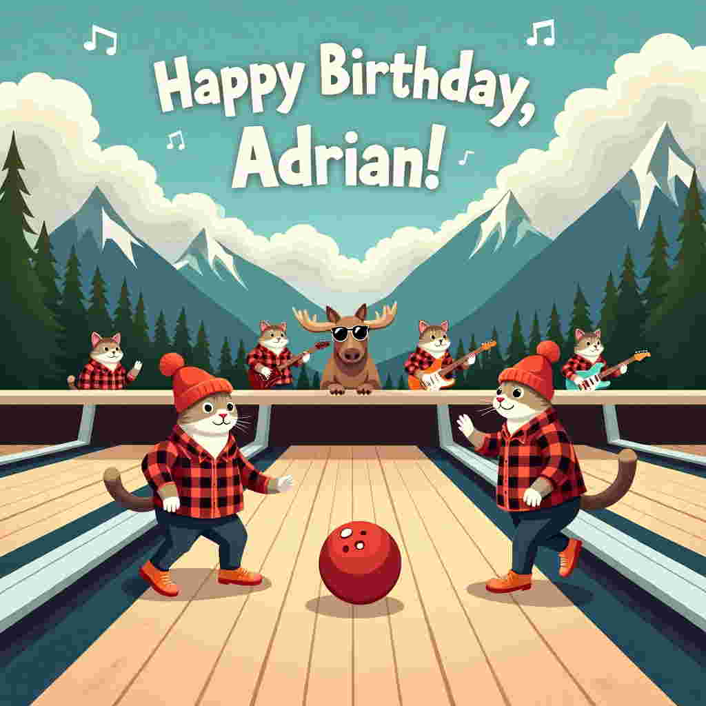 In this whimsical birthday scene for Adrian, imagine a bustling bowling alley set against the majestic backdrop of the Canadian Rockies. The bowling lane is whimsically transformed into a giant guitar neck, with frets running along its length and guitar strings that double as the lane's gutters. A group of anthropomorphic cats are lined up, each donning flannel shirts and tuques—a nod to Canadian fashion. These feline bowlers are striking amusing poses: one is preparing to bowl a curling stone-like ball that resembles a maple syrup bottle, while another is clapping its paws in anticipation. On the sidelines, a trio of cats plays an impromptu jam session on tiny electric guitars, their tails swishing rhythmically to the beat. In the sky, soft, fluffy clouds have gathered to form the words "Happy Birthday, Adrian!" in a playful font that looks as if it's been plucked straight from a musical score. In the background, snow-capped peaks loom majestically, with a friendly moose peeking over the lane divider, wearing sunglasses and a small guitar strapped across its antlers. This lively scene captures the essence of a jubilant birthday celebration blending all themes harmoniously for Adrian’s special day.
Generated with these themes: Bowling, Canada, Guitars, and Cats.
Made with ❤️ by AI.