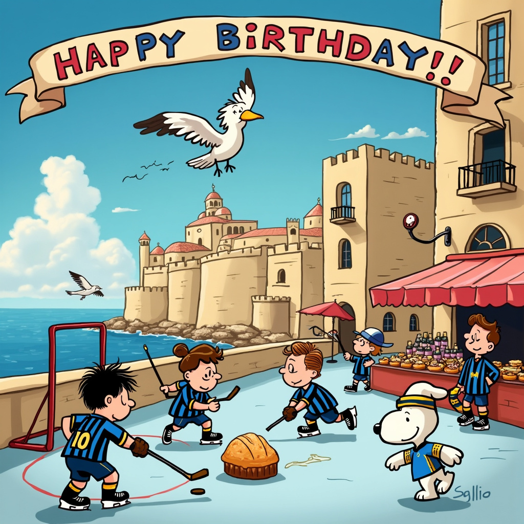 In the vibrant scene for our cartoon birthday greetings card, imagine a sunny day in the historic city of Valletta, Malta, where a whimsical hockey match is taking place on the scenic ramparts overlooking the sparkling Mediterranean Sea. The sky is a brilliant blue, dotted with a few fluffy clouds, and the ancient stone buildings provide a charming backdrop.

At the center of the scene, there’s a lively game of street hockey in progress. The players are a mix of quirky, animated characters—some are decked out in Inter Milan jerseys, proudly sporting the club's iconic blue and black stripes, while others wear traditional Maltese garb, such as the colorful għonnella. One of the Maltese players is sporting an oversized hat adorned with the Maltese cross.

The goalposts are creatively improvised from ancient, ornate Maltese balconies, and the hockey puck has been humorously replaced with a large, round pastizz (a traditional Maltese pastry). A player in an Inter Milan jersey is captured mid-swing, attempting to strike the pastizz with a hockey stick that has the team’s emblem emblazoned on it.

In the background, a bustling marketplace is depicted with stalls selling various Maltese delicacies—look closely and you'll spot a stall with an Inter Milan flag fluttering proudly. The merchant, a jovial figure with a bushy mustache, waves a Maltese flag while holding a blue and black scarf.

To the right, near the goalpost, an adorable cartoon dog, inspired by Snoopy from Peanuts, is energetically chasing after the pastizz-puck, its ears flapping wildly and a small Inter Milan cap perched jauntily on its head. Above this scene, a seagull with a comically large Inter Milan scarf around its neck swoops down, perhaps trying to snatch the pastizz.

A colorful banner stretches across the top of the card, with the words "Happy Birthday!" in a playful, handwritten font reminiscent of Bill Watterson's work. The letters are filled with tiny drawings of hockey sticks, Inter Milan logos, and Maltese symbols like the iconic eight-pointed cross and the traditional luzzu (fishing boat).

In the bottom right corner, there’s a cheerful birthday cake, half decorated with Inter Milan colors and the other half with Maltese national colors—red and white. The cake is surrounded by cartoonish fireworks bursting in the air, giving it an extra festive touch.

This quirky, detailed scene brings together the diverse themes of hockey, Malta, and Inter Milan into a delightful and entertaining birthday greeting.
Generated with these themes: Hockey, Malta, and Inter Milan.
Made with ❤️ by AI.
