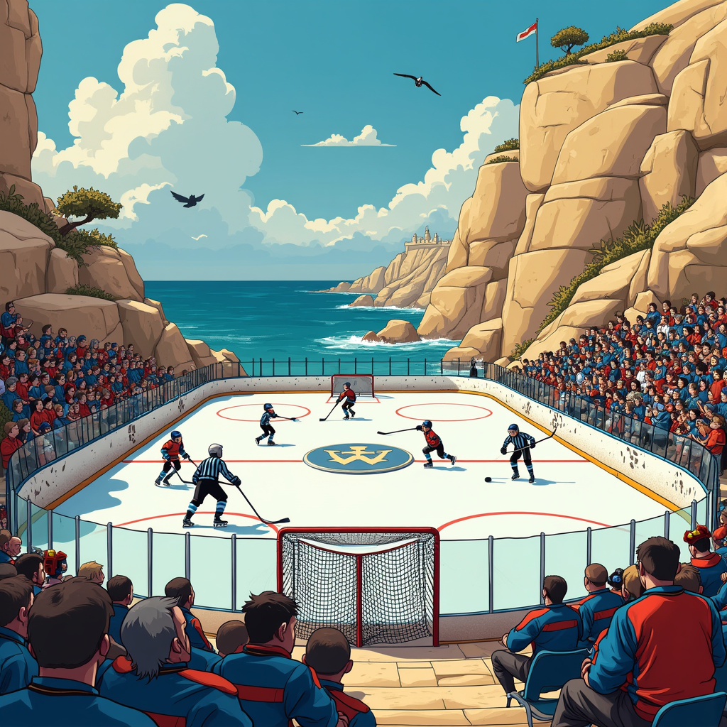 Alright, picture this vibrant, fun-filled scene for the front cover of your birthday card:

In the foreground, we have an ice hockey rink carved out of ancient limestone, reminiscent of Malta's iconic landscape. The rink is situated at the edge of the Mediterranean Sea, with the azure waves crashing against the golden cliffs in the background. The sky is a bright, clear blue, dotted with a few whimsical clouds shaped like ice hockey pucks.

At center ice, we see a lively match in progress. The players are a diverse and amusing bunch: Maltese Knights in their shining armor, complete with Inter Milan jerseys over their chainmail. Their hockey sticks are comically oversized medieval lances, adding a playful twist to their equipment. The opposing team features iconic cartoon characters: Snoopy (in a referee uniform, of course), Calvin and Hobbes (sporting their own handmade Inter Milan jerseys), and Astro Boy, who hovers slightly above the ice, showcasing his jet-powered skates.

On the left side of the rink, a gaggle of Maltese falcons perched on a goal post, wearing tiny Inter Milan scarves. Their keen eyes watch the game intently, ready to swoop down and snag any stray pucks. The goalie's net is a blend of traditional hockey and Maltese craftsmanship, featuring intricate wrought iron with interwoven patterns that echo the Maltese cross.

In the stands, which are cleverly built into the natural limestone formations, we see an enthusiastic crowd. Tintin and Captain Haddock are sharing a popcorn bucket the size of a small boat, while a bemused Snowy has a tiny Maltese hat on his head. Off to one side, a small group of Inter Milan supporters wave banners and flags, their faces painted in blue and black stripes, cheering loudly.

In the corner of the rink, near the penalty box, Gary Larson’s cows (from The Far Side) are dressed as zambonis, their cowbells jingling as they smooth the ice. Nearby, Little Nemo rides a fantastical ice-resurfacing machine that looks like it’s straight out of a dream, complete with bright, swirling colors and exaggerated features.

Across the rink, Art Spiegelman’s Maus characters observe the game from a high perch, sharing a giant birthday cake decorated with hockey sticks, the Maltese cross, and Inter Milan logos. The cake is a delightful hodgepodge of cultural elements, with layers representing both traditional Maltese pastries and classic Italian desserts.

In the bottom right corner of the scene, R. Crumb’s iconic “Keep on Truckin’” characters, humorously adapted to “Keep on Skatin’,” glide across the ice with exaggerated steps, leaving a trail of colorful confetti and birthday balloons behind them.

This wonderfully chaotic and celebratory scene captures the essence of a birthday party, uniting hockey, Malta, and Inter Milan in a playful and imaginative way, perfect for a one-of-a-kind birthday greeting card!
Generated with these themes: Hockey, Malta, and Inter Milan.
Made with ❤️ by AI.