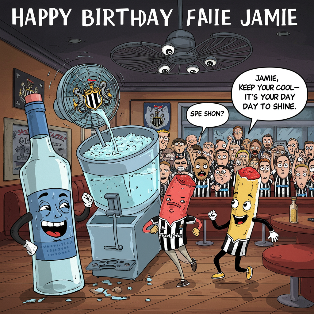 At the top of the Cartoon Style image, include the text: "Happy birthday Jamie"

**Image Description:**

In a vibrant and whimsical cartoon world, picture a joyful scene set in a colorful sports bar. In the foreground, a charismatic, anthropomorphic bottle of vodka with a playful grin is energetically pouring itself into a massive, frosty slushie machine. Next to it, a mischievous cigarette with arms and legs is dancing, wearing a black and white Newcastle United FC jersey.

Behind them, a cheerful ceiling fan with googly eyes is spinning enthusiastically, cooling down the lively scene. The walls are adorned with Newcastle United FC memorabilia, and in the background, a caricatured crowd of animated characters are cheering and celebrating, all wearing the team's iconic black and white stripes.

In the middle of this amusing tableau, a playful text bubble emerges from the fan, saying: "Jamie, keep your cool—it's your day to shine!"

The image is filled with bright, bold colors and exaggerated expressions, creating a lively and funny atmosphere perfect for a birthday celebration.
Generated with these themes: Vodka, Slushies, Cigarettes, Fan, Newcastle United FC, and .
Made with ❤️ by AI.