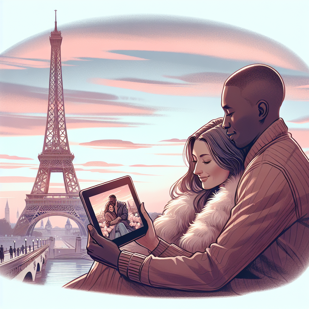 A romantic illustration set at the historic Eiffel Tower in Paris. In the foreground, a Caucasian woman and an African man are cozied up, watching a sentimental montage of their grand moments on a digital tablet. The soft pastel hue of the evening sky reverberates the warmth of their love, showing a reflection of their relationship.
Generated with these themes: Youtube, Paris, and Ipad.
Made with ❤️ by AI.