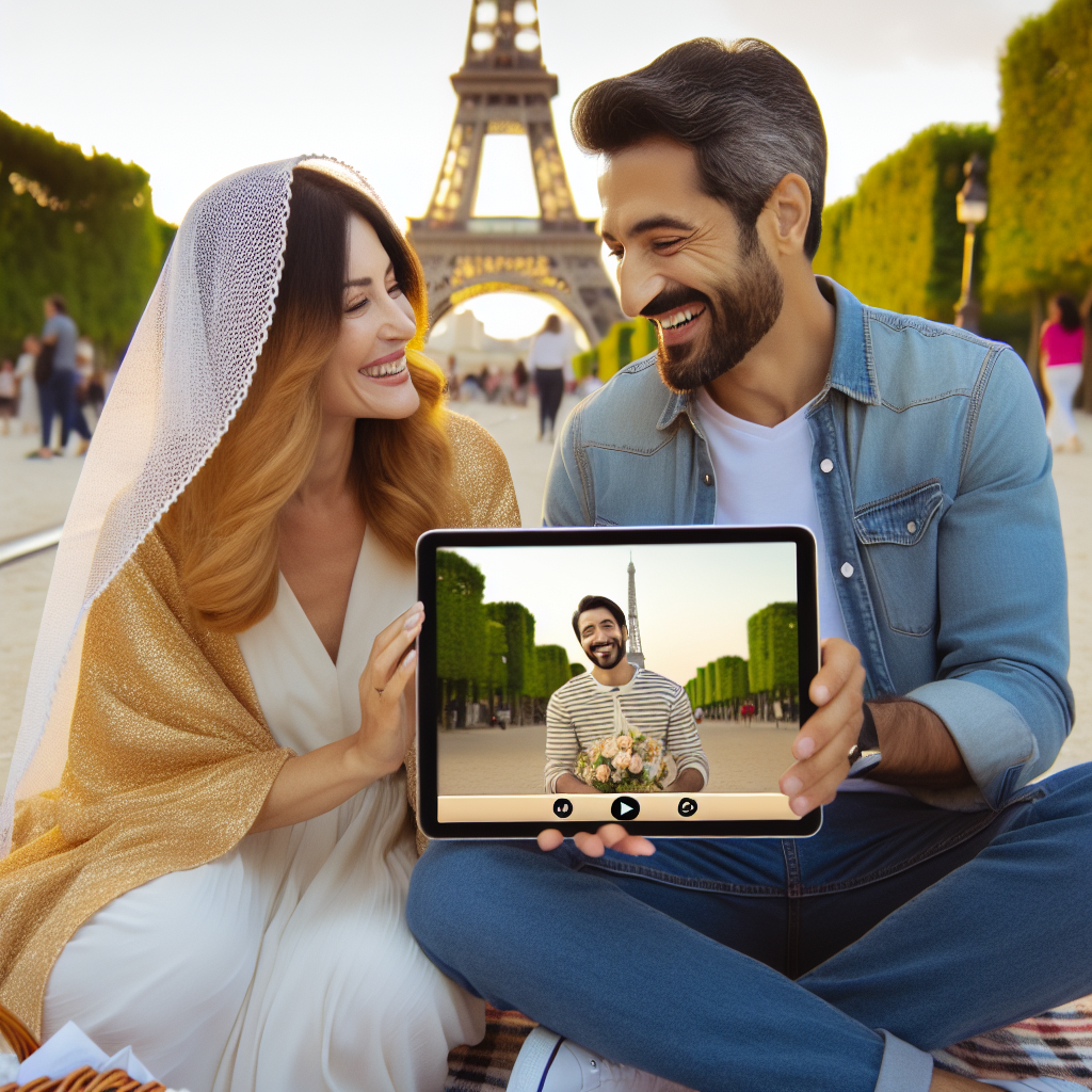 A lovely image showcasing a sentimental moment with a Middle-eastern man and a Caucasian woman enjoying a picnic in the heart of Paris. They are sitting on a blanket with an iPad placed between them, displaying a custom-created anniversary video on a well-known online video platform, drawing chuckles from them. The iconic Eiffel Tower can be seen at a distance, symbolizing the romantic anniversary they're joyfully commemorating.
Generated with these themes: Youtube, Paris, and Ipad.
Made with ❤️ by AI.