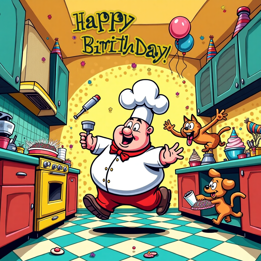 **Front Cover Description:**

The scene is a vibrant, cartoon-style kitchen bursting with exaggerated chaos and whimsy. Imagine a blend of classic comic strip charm and lively animation energy, with a nod to the styles of Schulz and Disney, yet distinctly unique.

**Foreground Characters:**
- **Central Character:** A plump, cartoonish chef with an oversized chef’s hat that almost seems to be floating above their head. The chef is mid-sprint, comically wide-eyed, with a cake in one hand balancing precariously, and the other hand reaching for a flying mixing spoon.
- **Animals in Action:** A playful, plump cat with a big grin and a dog with floppy ears, both dashing in different directions. The cat is trying to paw at a rolling pin that's whimsically rolling across the floor, while the dog is joyously carrying a birthday balloon in its mouth.

**Background Elements:**
- **Kitchen Setting:** The kitchen is a riot of color and action, with polka-dotted walls reminiscent of classic comic panels. There’s a vivid yellow oven with a door slightly ajar, spilling out a colorful array of cupcakes onto the floor.
- **Details and Objects:** Oversized kitchen utensils hanging from the ceiling, a comically large bowl with batter being whipped around by an animated mixer, and sprinkles cascading like a rainbow waterfall.
- **Ceiling and Floor:** The ceiling has a fan that’s spinning, with party streamers wrapped around it, giving a sense of whirlwind activity. The floor tiles are checkerboard patterned in bright turquoise and white, adding to the dynamic movement of the scene.

**Additional Features:**
- **Floating Elements:** Confetti and party hats seem to float in the air, emphasizing the party theme. A cheerful, hand-drawn “Happy Birthday!” text arc above the scene in a colorful bubble-letter style, reminiscent of a classic comic strip title.

**Color Palette:**
- **Bold and Bright:** Dominant colors include vibrant reds, yellows, blues, and greens, with accents of purple and pink. The colors should be rich and saturated, capturing the eye with their vivid contrasts.

This cover design brings together the frenetic energy of a birthday party with the delightful chaos of a kitchen in full swing, all rendered in a joyful and exaggerated cartoon style.
Generated with these themes: running round kitchen.
Made with ❤️ by AI.