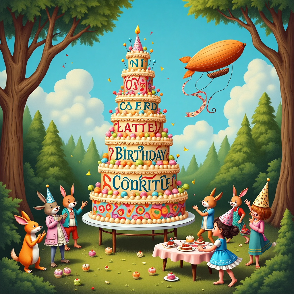 The scene unfolds in a whimsical and bustling birthday party set in an enchanted woodland glade, reminiscent of a Quentin Blake illustration. At the center, a giant birthday cake towers with layers of frosting, each adorned with vibrant, abstract patterns that echo the playful chaos of Maurice Sendak's art. The cake is topped with an enormous, elaborate icing sculpture that spells out "Happy Birthday, Cooper Bradley Benford!" in curlicue letters that glisten like a Maxfield Parrish sky at sunset.

To the left, a gathering of anthropomorphic woodland creatures dressed in their finest party attire — imagine a rabbit in a tailcoat and a fox with a monocle — are clapping their paws and feet in joyous celebration, a nod to Beatrix Potter's detailed depictions. The animals are standing around a small table laden with a spread of tiny sandwiches and pastel macarons, inspired by Edward Gorey's peculiar elegance.

On the right, a group of children, akin to the lively characters from a Norman Rockwell scene, are animatedly playing pin-the-tail-on-the-donkey, their expressions of sheer glee and concentration perfectly captured. One child, with a birthday hat too large for their head, attempts to spin, their scarf trailing whimsically behind like an Aubrey Beardsley flourish.

The backdrop features a beautifully detailed, Rackham-esque forest with twisting trees and leaves that seem to shimmer with every shade of green, providing a mystical atmosphere. Above, the sky is an idyllic, deep blue canvas with fluffy clouds, where an airship floats by, its banner trailing behind, adding to the birthday wishes, with tiny whimsical illustrations hanging from the corners, reminiscent of Gustave Doré's intricate line work.

Overall, the scene is a cacophony of joyful details, bursting with life and laughter, perfectly capturing the spirit of a birthday party celebrated in a fantastical realm where every detail sings with imaginative flair.
Generated with these themes: Birthday party .
Made with ❤️ by AI.