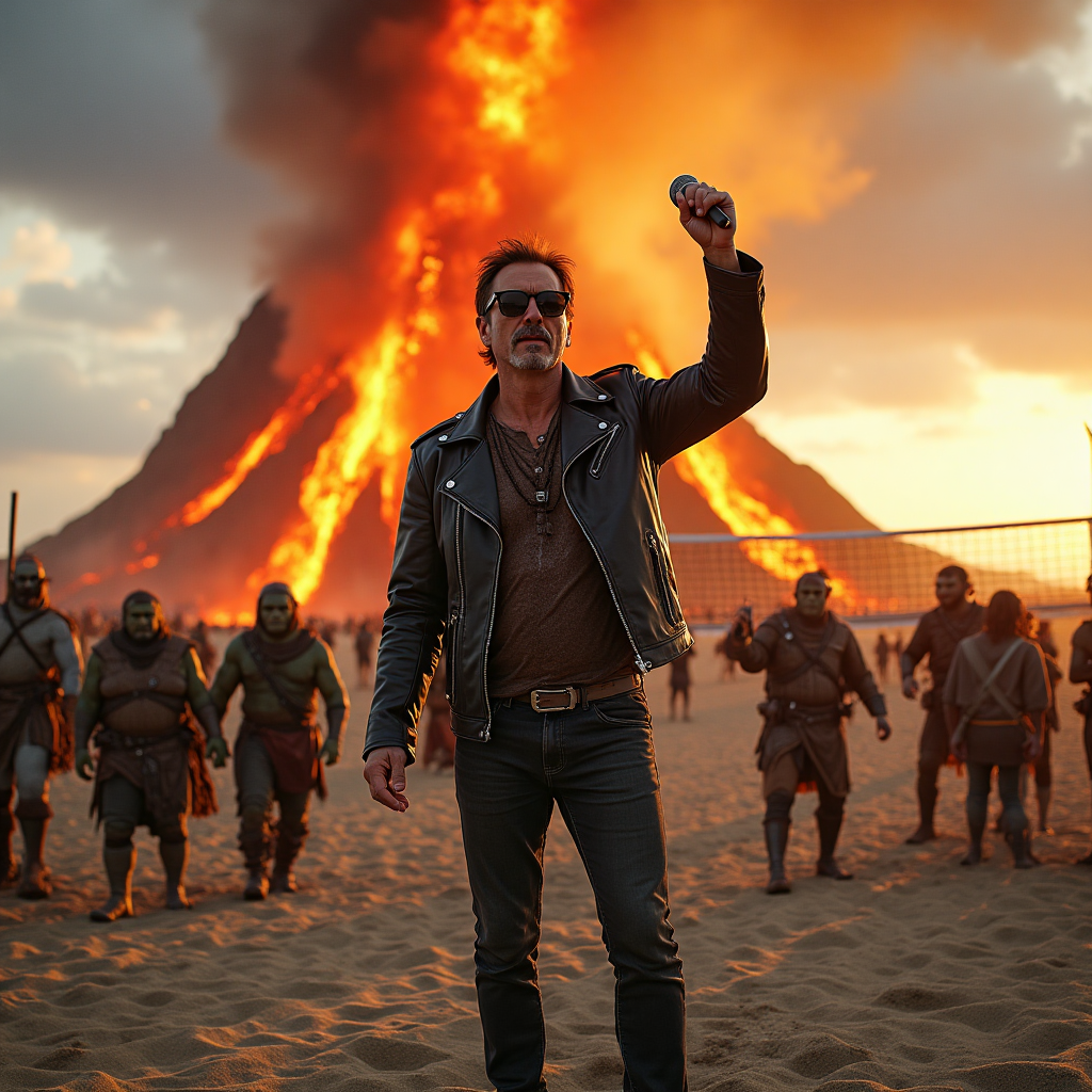 At the top of the Photorealistic picture taken from a camera image, include the text: "Happy Father's Day Dad!"

---

**Image Description:**

Imagine a scene where Bono, dressed in his signature sunglasses and leather jacket, is hobbit-sized, standing triumphantly on a beach. In the background, towering behind him, is a massive BBQ grill resembling the fiery depths of Mount Doom from Lord of the Rings. A group of hobbits and orcs, with their battle gear swapped for Hawaiian shirts and aprons, are joyfully grilling sausages and steaks.

Off to one side, a beach volleyball net is set up, but instead of a ball, there's a large spiked helmet from the Battle of Stalingrad being volleyed back and forth between elves and goblins, all in good humor. The sun is setting, casting a golden hue over the playful chaos, while Bono holds a microphone, seemingly ready to serenade the beachgoers with an impromptu concert.

In the bottom corner of the image, add a cheeky text caption: "May your Dad's BBQ skills be as epic as Bono's sunglasses!"
Generated with these themes: Bono, Lord of the Rings, The Battle of Stalingrad, BBQ on the Beach , and .
Made with ❤️ by AI.