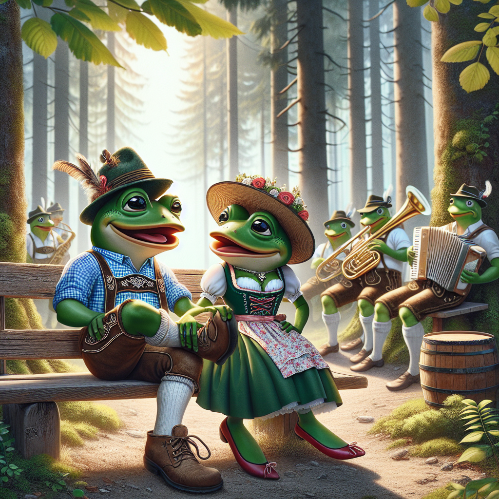 Visualize a delightful anniversary celebration taking place in a forest with a charmingly rustic mood. Two cartoon frogs, spruced up in traditional Bavarian costumes - Lederhosen for one, and Dirndl for the other, are seated on an old wooden bench, sharing a moment of laughter. Basking in the canopy of trees, this pair is absorbed in their friendly banter. In the background, an oompah band, with their assortment of brass instruments, is adding a musical essence, their melody encapsulating the festive spirit of this woodland walk celebration.
Generated with these themes: Frogs, Woodland walks, and German music.
Made with ❤️ by AI.
