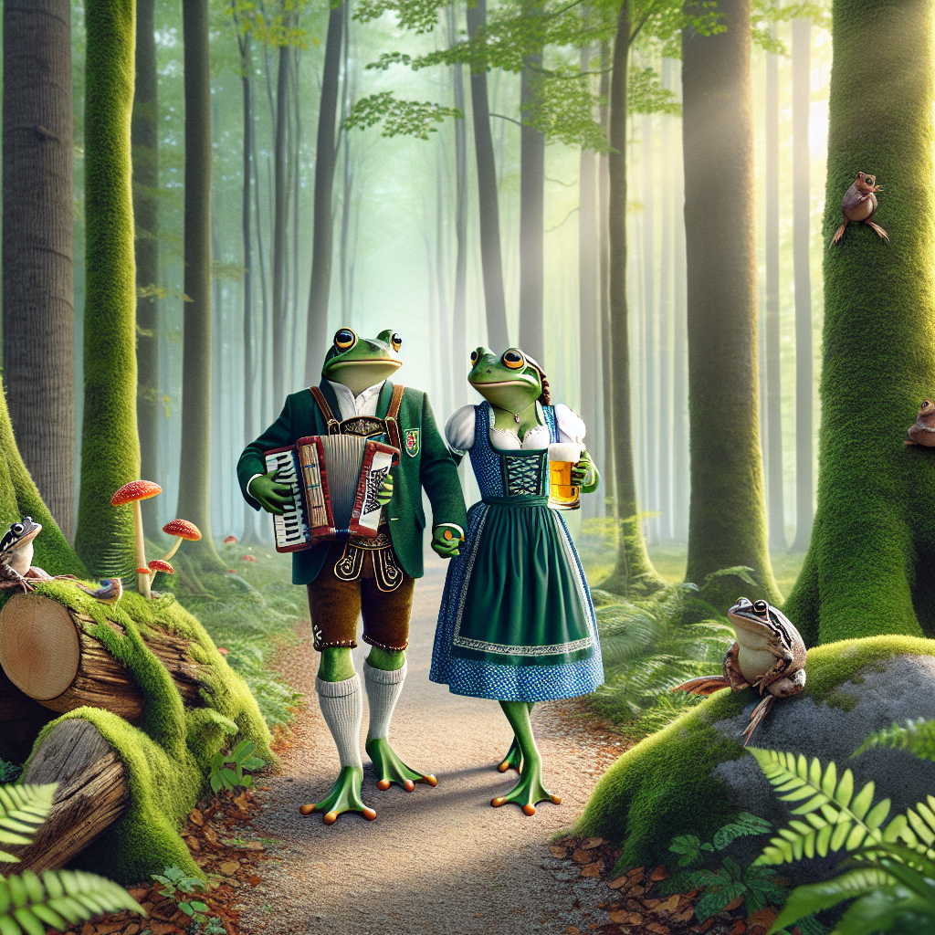 Create an image that represents a whimsical scene marking an anniversary. Include two frogs, one male and one female, both dressed in traditional German clothing. They are holding hands and ambling along a shady woodland trail. The male frog is dressed in lederhosen and the female in a dirndl, both adorned with intricate patterns and details. The calming atmosphere of the woods is seamlessly intertwining with the music emanating from an unseen accordion player, enriching the tranquil ambiance of the forest. Additional elements that enhance the vibrancy of the scene may include tree-covered trails, moss-covered stones, ferns, and small forest creatures.
Generated with these themes: Frogs, Woodland walks, and German music.
Made with ❤️ by AI.