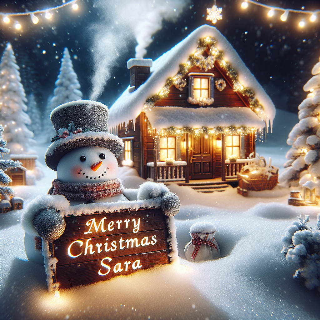 A cozy illustration set on a snowy Christmas Eve showcases a charming wooden cottage with twinkling lights. Smoke whisps from the chimney as a gentle snowfall blankets the landscape. In the foreground, a snowman wearing a top hat holds a sign, elegantly scripted with 'Merry Christmas Sara', capturing the warmth and joy of the holiday spirit.
Generated with these themes: Merry Christmas Sara.
Made with ❤️ by AI.