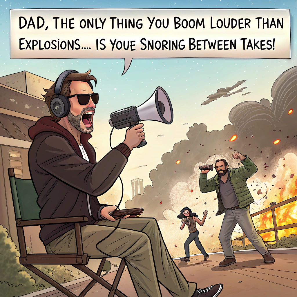 At the top of the image, "Dad, the only thing you boom louder than explosions... is your snoring between takes!"

- Create a cartoon-style scene of an action movie film set, mid-chaos: explosions, smoke, a director shouting through a megaphone, and stunt performers mid-air. Amidst the madness, a laid-back Boom Operator (Dad) lounges peacefully in a reclined chair behind the scenes with his boom mic pole balanced perfectly in place over the actors.

- He's wearing oversized headphones, shades, socks with sandals, and holding a half-melted birthday cupcake.

- Behind him, a movie clapboard reads: "Take 58: The Chillest Dad Alive".

At the bottom of the image, include the text: "Happy Birthday Dad, always mic’d never micromanaged."
Generated with these themes: Boom operator relaxing on set of action movie. Text on card must say: Happy Birthday Dad, always mic’d never micromanaged. Please do not include anymore text..
Made with ❤️ by AI.