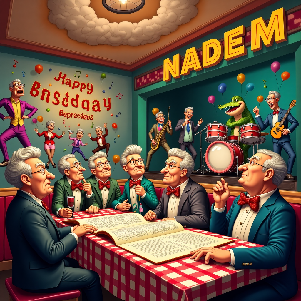 The scene is set in a vibrantly colored, whimsically decorated senior strip bar, with a retro '50s diner twist. The walls are adorned with large, colorful murals of cartoonish seniors in outlandish dance poses, reminiscent of a lively comic strip, with exaggerated facial expressions and outfits that would make a circus ringmaster envious. In the foreground, there's a long, red-checkered table adorned with a gigantic open menu, where the large font reads, "Early Bird Special: Dinner and Dance!" The menu's pages flap comically, seemingly alive as if they’re caught in a breeze. 

Seated at the table are a group of jubilant senior citizens, their hair styled in outrageous pompadours and bouffants. They're sporting sequined bow ties and feather boas, adding a splash of glamour to the scene. Their expressions are a blend of surprise and delight as they eagerly watch the show. On stage, an animated, cartoony jazz band of anthropomorphic animals – think a crocodile on a saxophone and a penguin on drums – plays a lively tune. The penguin's flippers blur humorously as it bashes the drums in time with the swinging music notes, which are visibly floating through the air like in a classic comic strip.

In the background, a large, neon-lit banner reads "Happy Birthday, Nadeem!" The letters are crafted from intertwining balloons that seem to dance in rhythm with the music, forming a playful arch over the stage. Above this scene, the ceiling is designed as a giant, cloudy sky with stylized, puffy clouds that spell out "Nadeem" in an elegant cursive, as if a nod to the heavens celebrating the special day.

In the corner, a giant cake stands on a trolley, waiting to make its entrance. It's frosted in a vivid pink and decorated with a cascade of dancing candles, each with its own little smiling face. A tiny train set circles the cake, tooting softly with each lap, pulling a banner that reads, "You’re never too old to party!" This whimsical spectacle is captured with a combination of Charles Schulz’s charming simplicity and Bill Watterson’s dynamic expressiveness, creating a joyous and vibrant birthday card scene.
Generated with these themes: Party in a senior strip bar with early dinner specials and a large font menu.
Made with ❤️ by AI.