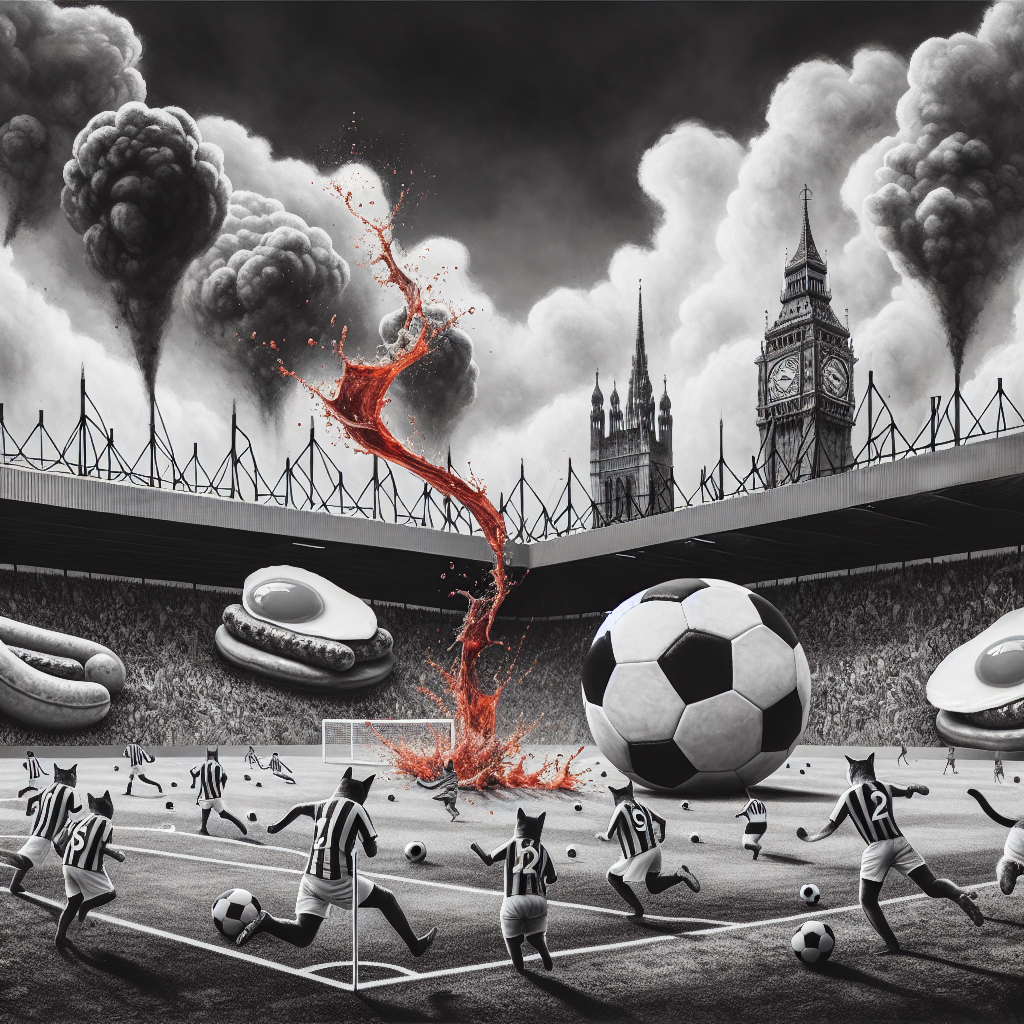 Create a surreal abstract interpretation of a birthday festival. The image features a distorted soccer field under the dreary skies of Manchester. It is inhabited by monochrome cats, dressed in traditional soccer uniforms, energetically chasing a ball thrumming with the pulsations of red wine. On the flanks of the pitch, giant displays of full English breakfast items – eggs and sausages – add a whimsical touch to the scene, as if they're spectators of the unusual game. The entire picture is predominantly painted in stark black and white, except for deliberate splashes of red wine, acting as symbols of passion and indulgence, and the bold, natural hues of the breakfast items, bringing a sense of warmth to this enigmatic scene.
Generated with these themes: Black and White cats, Manchester, Soccer, Red wine, and Full english breakfast.
Made with ❤️ by AI.