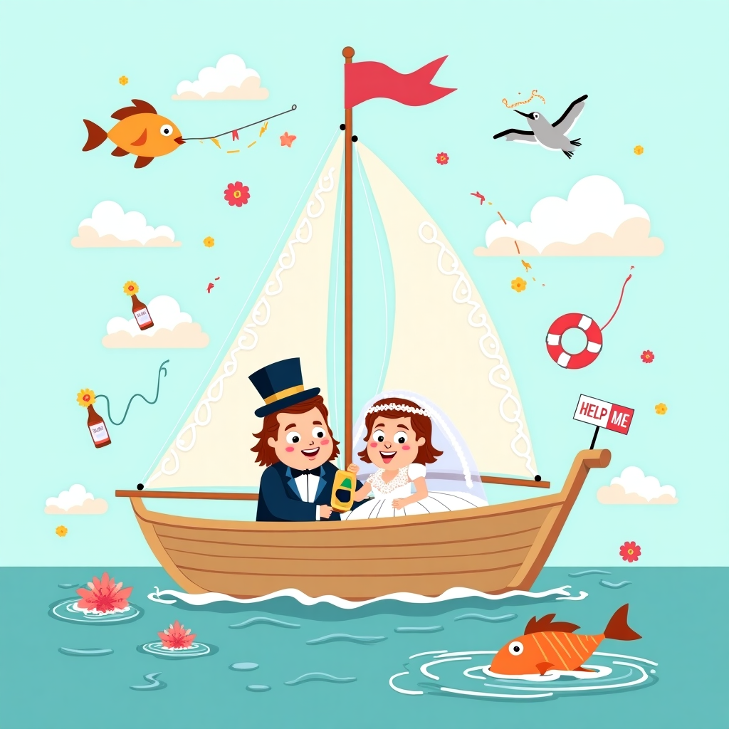 **Image Prompt:**  
At the top of the vector image, add the line: *“Alie & Griffin — Love Sets Sail (No Life Jackets Needed!)”*

**Visual Elements:**  
- A quirky, cartoon-style sailboat on calm ocean waters, shaped like a giant wedding cake with layers.  
- The sail is a lacy veil blowing in the breeze, and two little cartoon versions of Alie & Griffin (with exaggerated features, big smiles) are captaining the boat in full wedding attire—Griffin in a top hat and Alie in a billowing dress that keeps flopping over the controls.  
- The ocean is littered with floating champagne bottles, tossed bouquet flowers, and little “Just Married” life preservers.  
- Seagulls are carrying streamers and “Mr. & Mrs.” signs in their beaks, while a fish pops out of the water holding a “Help me!” sign for added absurdity.  
- A tin-can trail is floating behind the boat, bobbing comically in the wake.  
- Bright pastel colors, simple vector shapes with thick outlines, playful mood.

Perfect blend of romance and cheeky sea-bound humor for a fun wedding-themed card image!
Generated with these themes: Sailboat .
Made with ❤️ by AI.