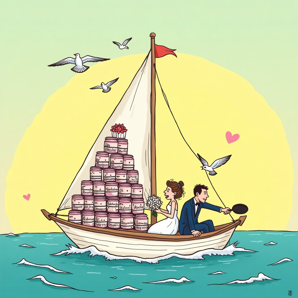 At the top of the vector image: "Alie & Griffin — Setting Sail on the S.S. Matrimony!"

Image prompt:  
A funny, brightly-colored vector illustration of a just-married couple (Alie & Griffin) sailing off into the sunset on a tiny sailboat comically overloaded with wedding essentials — a tiered cake strapped to the mast, “Just Married” cans dragging behind, doves flapping in panic, and the groom holding a bouquet while the bride tries to steer with a frying pan. Seagulls laugh from above, and the sea forms a subtle heart shape in the waves behind the boat. The vibe is joyful, cheeky, and full of nautical wedding pun.
Generated with these themes: Sailboat .
Made with ❤️ by AI.