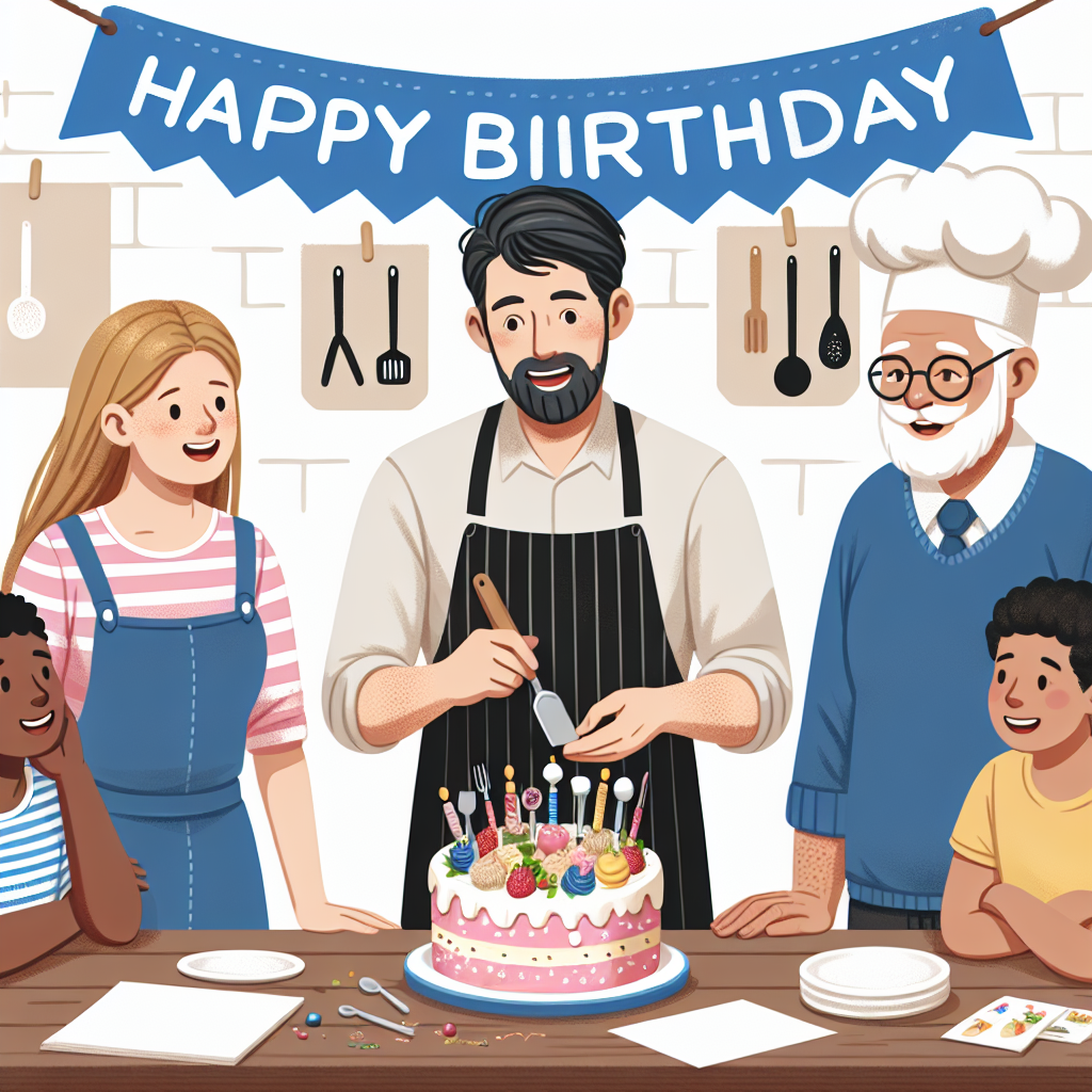 Illustration of a cheerful cooking class scenario with a birthday banner overhead. The celebrated person is shown teaching recipes while a birthday cake adorned with miniature kitchen utensils takes center stage.
Generated with these interests: Gardening, Cooking, and Teaching.
Made with ❤️ by AI.