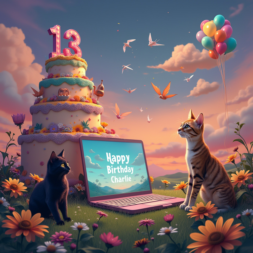 In a whimsical, surreal landscape, the scene unfolds under a vivid twilight sky splashed with hues of orange and purple. Dominating the foreground, a large birthday cake rises from the ground like a grand monument. The cake, a towering marvel of confectionery, is festooned with rainbow-hued frosting swirls and glistening silver sprinkles, forming the number "13" prominently on its top tier. Perched playfully around the cake are two cats—a sleek, enigmatic black cat with eyes like yellow topaz, and a playful tabby cat whose fur is a mosaic of browns and creams. They seem to be guarding the cake, their tails entwined in a curious dance.

Nearby, an oversized, open laptop lies nestled amongst oversized daisies and sunflowers, its screen casting a gentle glow that contrasts with the natural light. The screen displays a playful, animated video of balloons rising against a digital sky, each balloon featuring a letter that collectively spells out "Happy Birthday Charlie" in a loop. Floating above in the real sky, clouds have arranged themselves into fluffy, ethereal letters spelling "Charlie," mirroring the message on the laptop screen below. The scene is peppered with whimsical details—perhaps a teapot sprouting flowers, or a small flock of paper cranes flying in formation in the sky. All these elements come together to create an imaginative tableau, telling a delightful story of celebration and magic for Charlie’s special day.
Generated with these themes: Black cat, Tabby cat, 13, Laptop, and Charlie.
Made with ❤️ by AI.