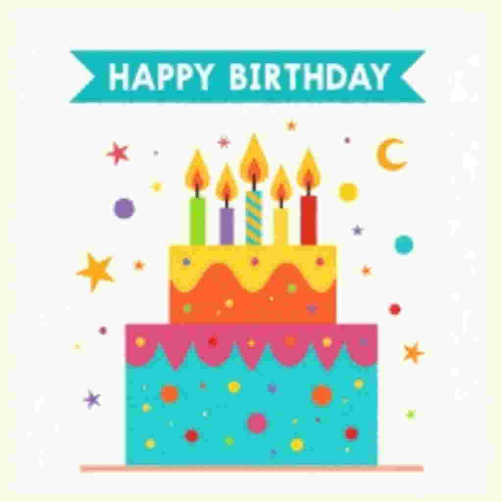 Front and center on the greeting card is a large, whimsical birthday cake designed in a vector style, consisting of three stacked tiers. Each tier is slightly off-kilter, creating a playful, dynamic look. The bottom tier is a vivid turquoise with a pattern of evenly spaced, small, white polka dots. The middle tier is bright yellow, adorned with a series of crisp, bold diagonal stripes in alternating shades of orange and red. The top tier is a deep magenta, covered with flat, solid stars in a contrasting white.

Perched atop the cake is a cluster of oversized, flat, stylized candles in varying heights. Each candle is a solid, bold color—electric blue, lime green, fiery red—and features a clean, flat flame. The flames are sharp and crisp, with a gradient transition from yellow at the base to orange at the tip.

Surrounding the cake is a backdrop of abstract geometric shapes floating in the background. These include small circles, triangles, and rectangles in a harmonious palette of pastel pink, lavender, and sky blue. These elements are scattered across a soft white background, adding depth and interest without overwhelming the central cake image.

Along the top edge of the card, a clean, vector-style banner in a rich royal blue runs horizontally. Inside the banner, bold white letters spell out "HAPPY BIRTHDAY" in a sans-serif font, maintaining the card's modern aesthetic. The overall composition is clean and organized, with precise lines and a minimalistic feel that echoes the inspirations of vector artists like Malika Favre and Matt W. Moore, combining simplicity with vibrant color and pattern.
Generated with these themes: ,.
Made with ❤️ by AI.