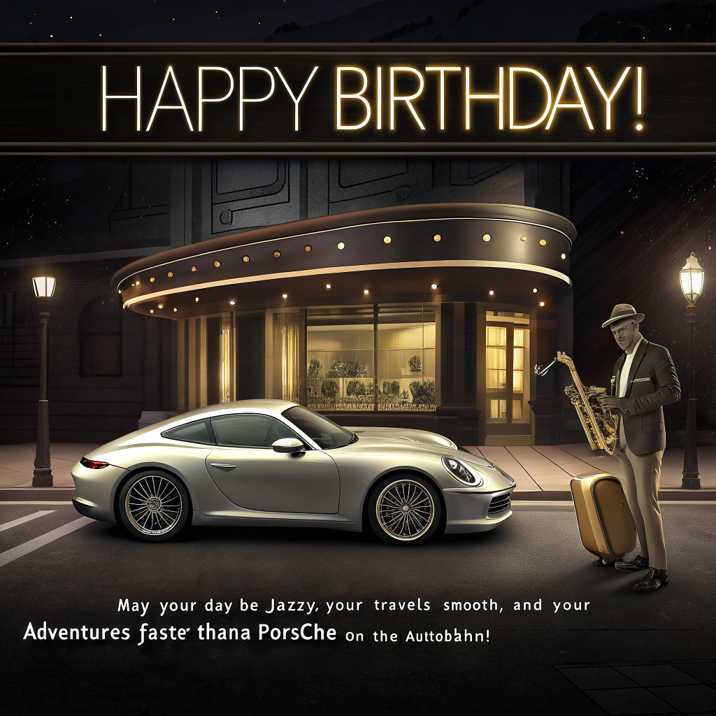 Jazz music, travelling, porche cars, and Birthday Card