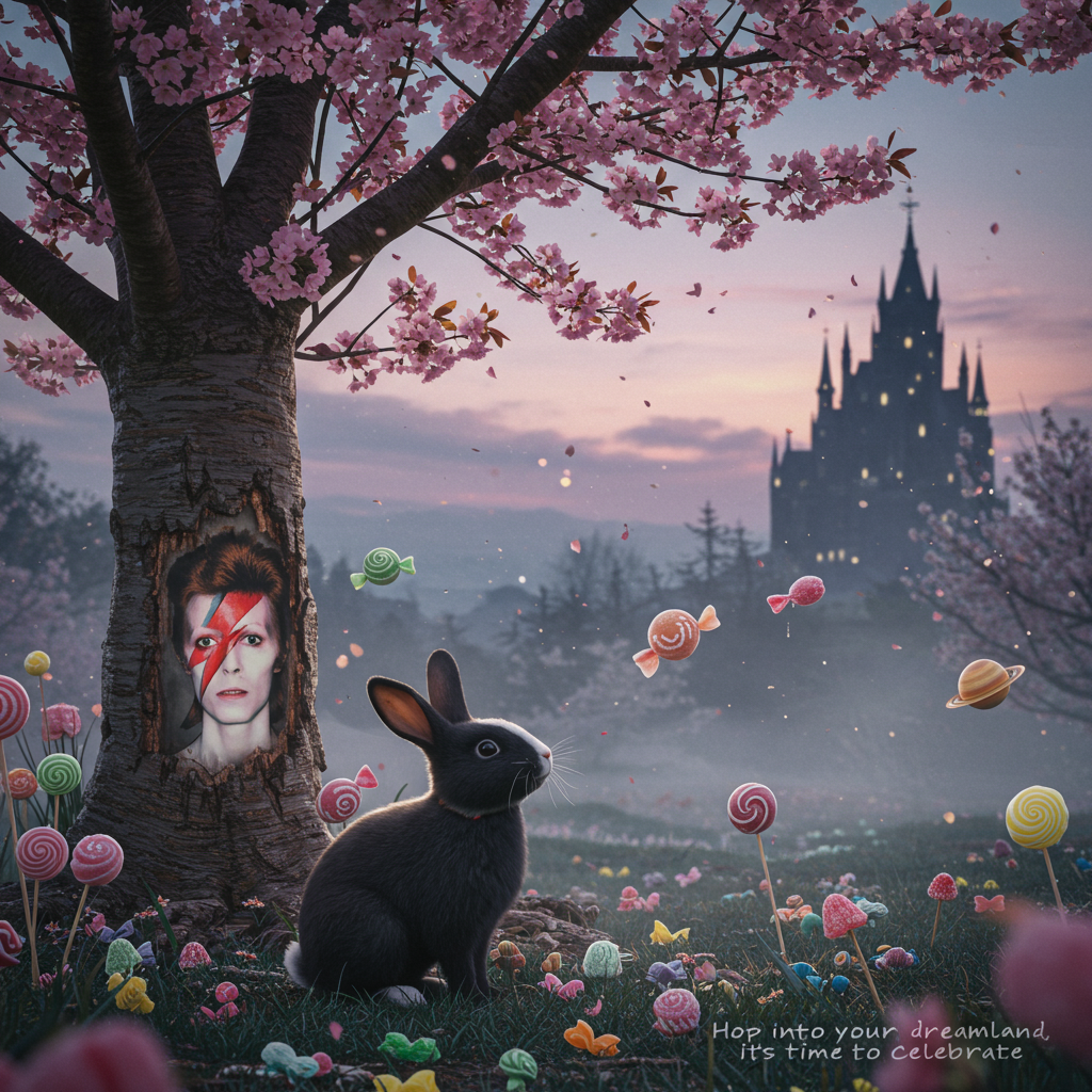 Black rabbit with white nose, Cherry tree, David Bowie , Sweeties, Gothic , and Birthday Card