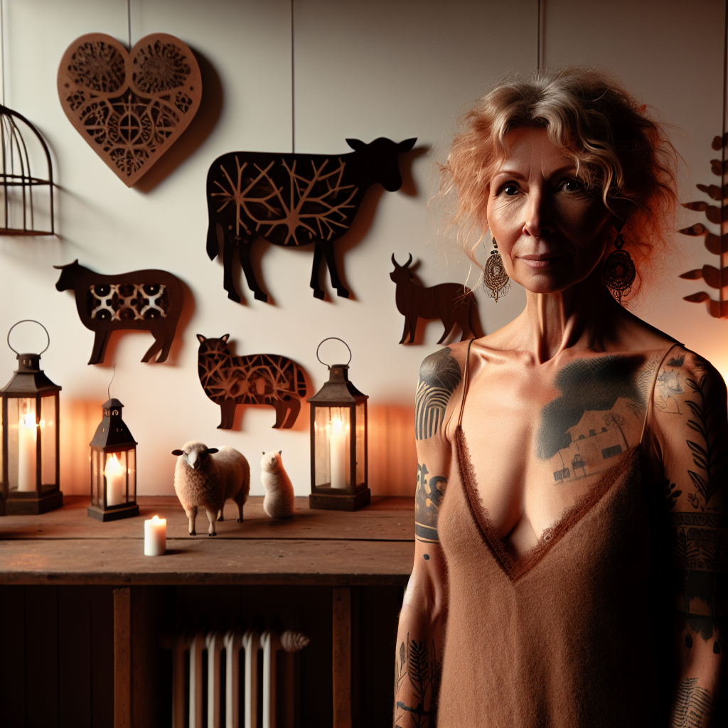 An intimate room, suffused with the gentle glow from vintage lanterns, serves as the setting for a tranquil, mature birthday party. In this space, a confident Caucasian woman with a mature age and ginger hair stands. Her body is adorned with tattoos that embody her connection with rustic simplicity. Around her, adornments portray minimalist representations of sheep, cats, and cows, their forms reduced to basic lines and tones, evoking the tranquillity of the countryside. The decorations in the room are sparse, symbolic of the honesty of the agrarian lifestyle, celebrating the ageless, raw charm of nature.
Generated with these themes: Sheep, Cats, Cows, Tattooed woman, and Ginger hair.
Made with ❤️ by AI.