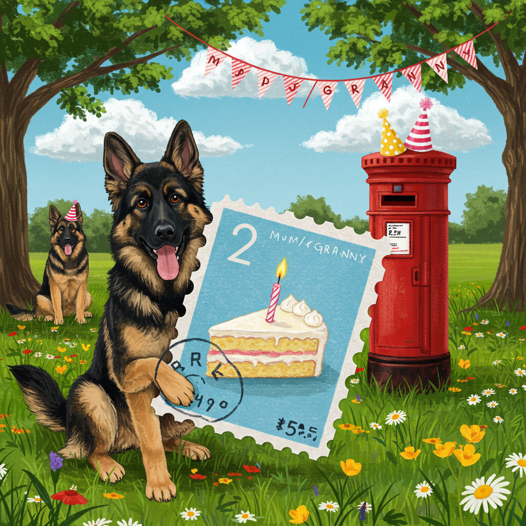 **Front Cover Description:**

In the foreground, place a black and tan German Shepherd playfully holding a giant postage stamp between its paws. The stamp features a vivid illustration of a slice of birthday cake with a single, lit candle on top. The candle wax drips slightly, with colors in deep blues and vibrant pinks. The cake's frosting appears fluffy and luscious, in alternating layers of white and pastel yellow.

Behind the German Shepherd, depict a grassy field dotted with colorful wildflowers. Sprinklings of daisies and buttercups add bursts of white and yellow among the rich, green grass. A clear, cerulean sky stretches above, dotted with fluffy cumulus clouds that appear almost touchable.

In the background, another German Shepherd sits elegantly near a classic red British postbox. The postbox is adorned with a small party hat perched on its top. Its glossy red surface reflects the sunlight.

A decorative banner hangs between two sturdy oak trees, with branches stretching out towards one another. The banner reads “Mum/Granny” in bold, whimsical letters. The text is in a cheerful red and white stripe pattern, reminiscent of a candy cane, which stands out against the leafy green backdrop of the trees.

The entire scene is bursting with realistic details — from the texture of the German Shepherds’ fur to the fine detailing on the stamp — bringing this lively birthday scene to life on the card's front cover.
Generated with these themes: Black and Tan German Shepherds and postage stamp.
Made with ❤️ by AI.