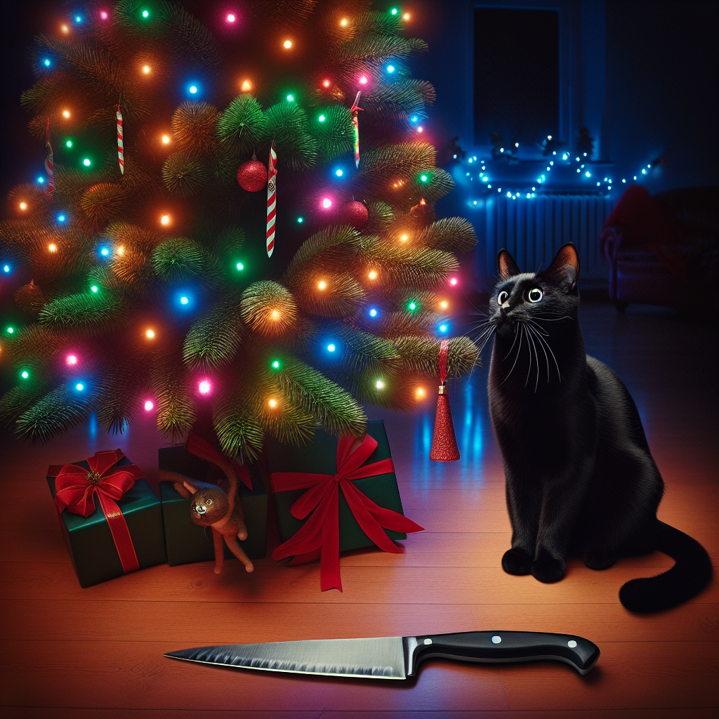 In this whimsical scene, a sleek black cat with mischievous eyes bats playfully at the sparkling lights on a beautifully decorated Christmas tree. Near the base of the tree, a knife lies on its side, with a ribbon tied around the handle, adding to the holiday mischief and hint of tree decorating gone awry.
Generated with these themes: cat/christmas tree/lights/knife.
Made with ❤️ by AI.