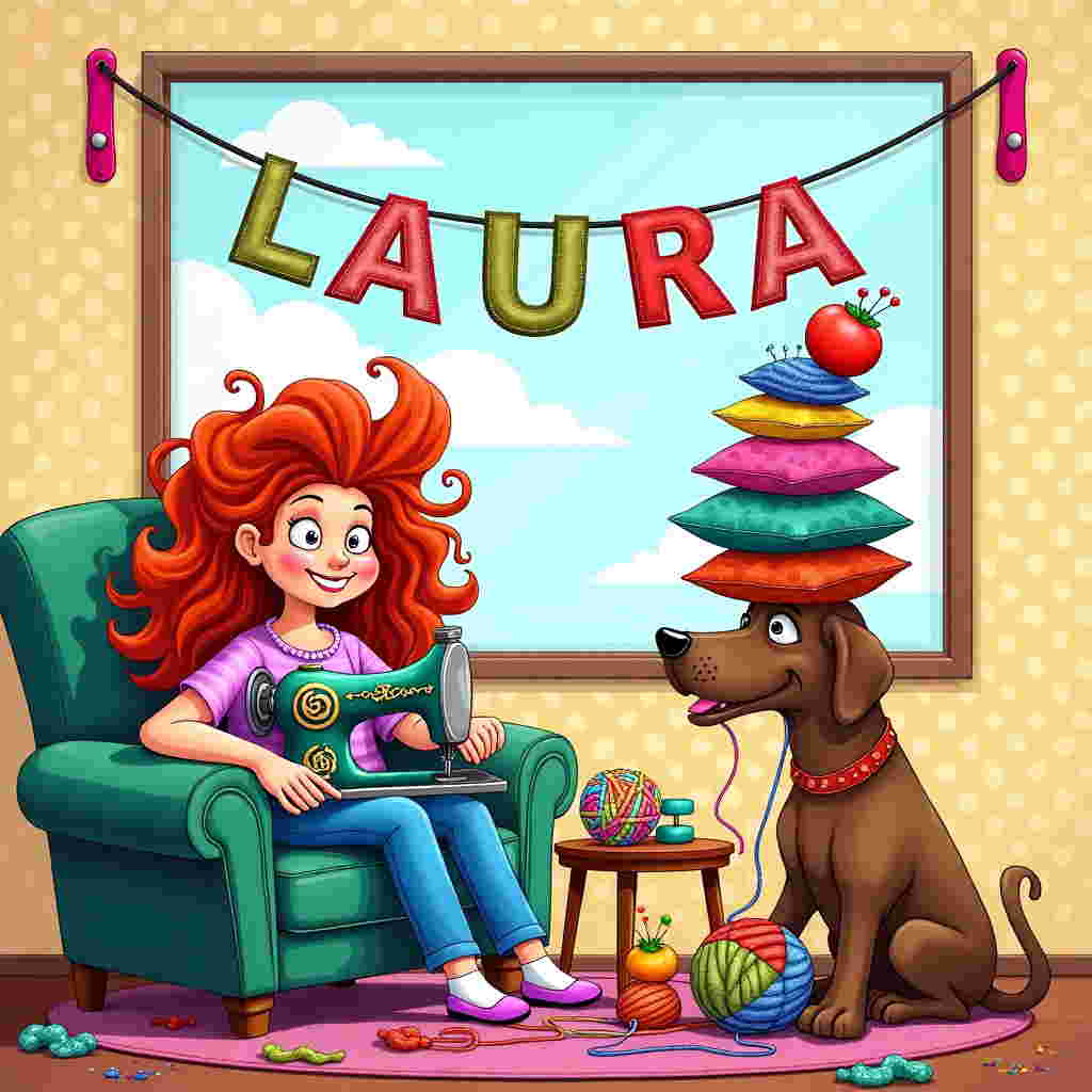 On the front cover of the greeting card, envision a vibrant and dynamic scene bursting with humor and whimsy. The background is a cheerful indoor setting, perhaps a cozy living room. The wallpaper features a playful polka dot pattern in pastel colors, with a large window showcasing a clear, sunny sky dotted with cartoonish fluffy clouds. 

In the center of the scene, a red-haired lady with exaggerated, cartoon-style features is seated on a plump, multicolored armchair. Her hair is a wild, fiery red mane, styled in comical curls that bounce around her head. She is engaged in sewing, using a vintage sewing machine with intricate, swirling details and a bright, eye-catching teal hue. The sewing machine has a large spool of vibrant purple thread that unwinds energetically as she works. 

To her right, a Chocolate Labrador, drawn with exaggeratedly large eyes and an endearing grin, is playfully entangled in a colorful ball of yarn. The yarn is a mix of bright reds, blues, and yellows, creating a tangled masterpiece around the dog's paws. 

On her left, a Yellow Labrador is animatedly balancing a tower of plush, decorative pillows on its back. The pillows are in various whimsical patterns—stripes, polka dots, and floral prints—in bold colors like fuchsia, lime green, and royal blue. 

Above them, a banner is strung across the top of the window, hanging between two bright pink wall hooks. The banner is made of sewn-together patches, each patch in a different color and pattern, spelling out "Laura" in playful, oversized letters that mimic a patchwork quilt style. The letters are stitched in with contrasting colors for added emphasis.

In the lower foreground, a scattering of sewing materials—buttons in rainbow hues, a pin cushion shaped like a tomato with multicolored pins, and fabric scraps—are humorously strewn across a small wooden table, adding to the busy and joyful atmosphere of the scene.
Generated with these themes: Red hair lady  sewing , Chocolate Labrador , and Yellow Labrador.
Made with ❤️ by AI.