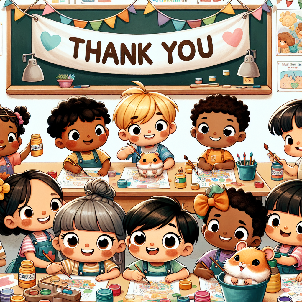 Create an adorable and detailed illustration featuring a lively classroom setting where small, cartoon-style children of diverse descents are cooperatively crafting a 'Thank You' banner. They are grade 2 students; among them, we have an Asian boy, a Black girl, a Middle-Eastern boy, a Hispanic girl, and a Caucasian boy. Each of them is engaged in painting, with every stroke symbolizing the joyous moments they've experienced together. The scene also includes their beloved pet classroom hamster, a charming element in the picture, firmly holding a tiny 'Thank You' sign. It communicates that every member, despite the size, is cherished and valued.
Generated with these themes: my friends in grade 2 with friendship.
Made with ❤️ by AI.