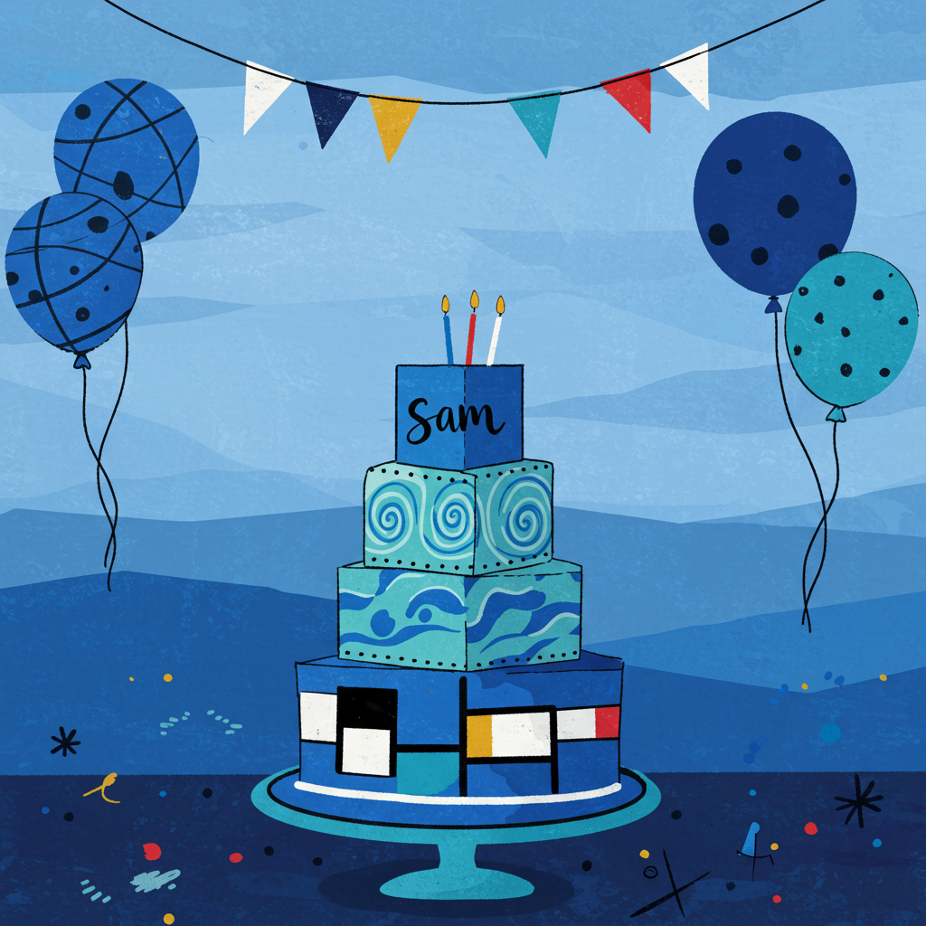 **Front Cover Design: Abstract Birthday Scene**

**Background:**  
The backdrop is a harmonious blend of rich cerulean blue and soft azure, creating a deep and textured sky. Streaks of lighter periwinkle and hints of indigo create layers that appear to pulsate in the style of Gerhard Richter’s abstract works, providing a sense of depth and movement.

**Central Element - The Cake:**  
Positioned slightly off-center, an abstract cake stands tall. The base tier is a vivid cobalt blue, decorated with geometrical shapes reminiscent of Piet Mondrian’s work. Angular squares and rectangles of white, black, and bright yellow intersect with primary red, creating a sense of order amid chaos.

The middle tier features swirling patterns, echoing the dynamic strokes of Jackson Pollock. The hues are a playful mix of sky blue, teal, and soft mint, interspersed with dots and splashes of electric blue, creating a feeling of spontaneous celebration.

The top tier is minimalist, channeling Kazimir Malevich. It's a simple, pure ultramarine blue cube, edged with a single white stripe, bringing a stark yet elegant contrast.

**Decorative Elements:**  
Suspended above the cake, there's a ribbon banner fluttering in the abstract wind, akin to the playful lines of Joan Miró. The banner is woven with lines of vermillion and mustard yellow, and elegantly painted across it in bold, stylized black letters is the name "Sam."

**Foreground Accents:**  
Abstract, geometric balloons rise from the bottom corners of the card, their forms reduced to perfect spheres and ovals. Each balloon is filled with gradients transitioning from royal blue to sapphire, with subtle black outlines that give a nod to Wassily Kandinsky’s use of defined shapes.

**Additional Elements:**  
Scattered across the scene are small, erratic marks and scribbles, in homage to Cy Twombly, using shades of cream, silver, and charcoal to create a contrast with the deep blues. These marks are positioned like confetti, giving the appearance of a jubilant, yet contained chaos.

**Edges and Frame:**  
A soft gradient of slate grey to midnight blue frames the scene, reminiscent of Agnes Martin’s subtle and textured canvases, giving the entire piece a finished look, drawing the eye inward to the celebration at the center.

This abstract design combines elements of structure and spontaneity, creating a vivid birthday greeting card that is both a tribute to modern art and a celebration of the occasion.
Generated with these themes: Blue aesthetic cake.
Made with ❤️ by AI.
