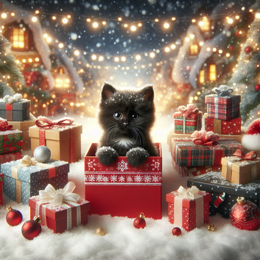 A snowy Christmas scene is brought to life with a small black cat peering curiously out from a red gift box. Surrounded by wrapped presents, the festive cat is the centerpiece of the illustration, with holiday lights softly glowing in the background.
Generated with these themes: BLACK CAT.
Made with ❤️ by AI.